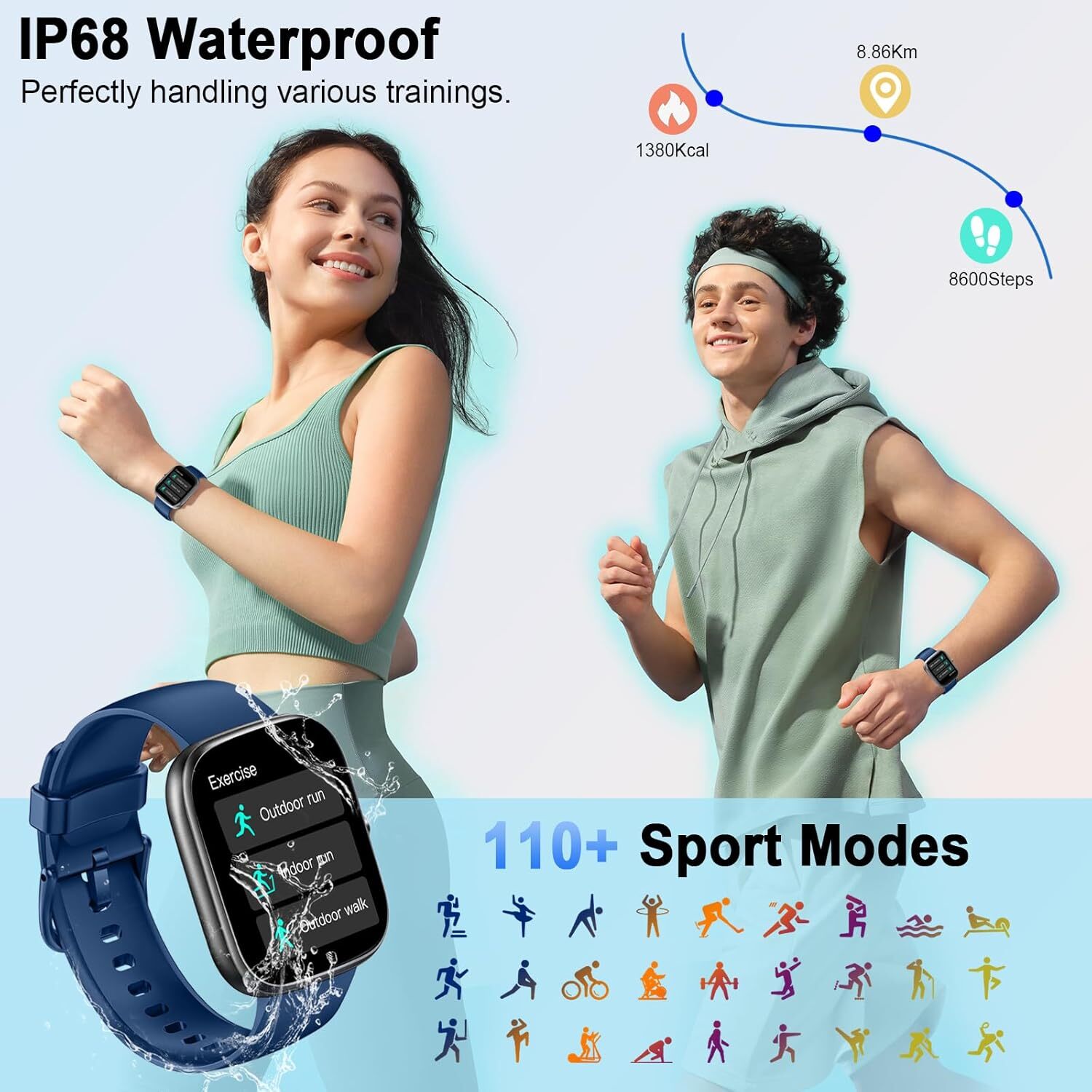 Smart Watch For Men/Women Waterproof Heart Rate/Sleep Monitor Bluetooth – Blue