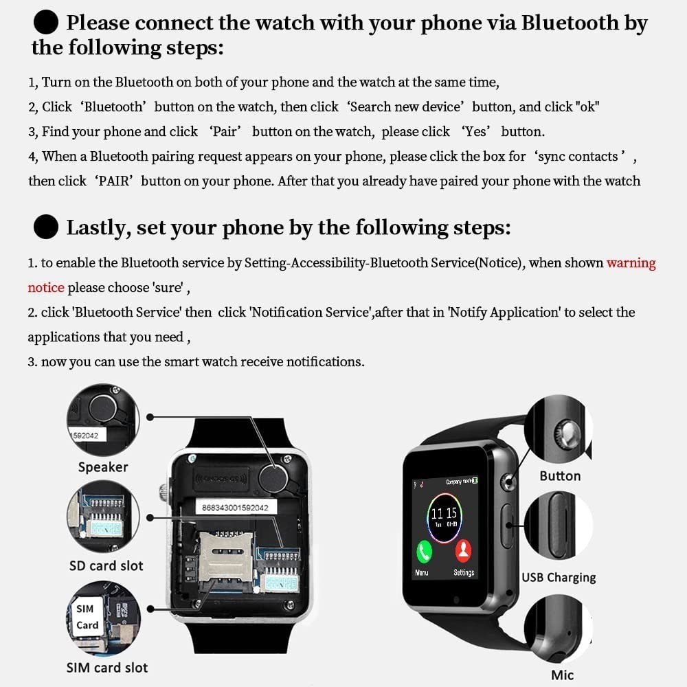 Bluetooth Smart watch Touchscreen make call and text