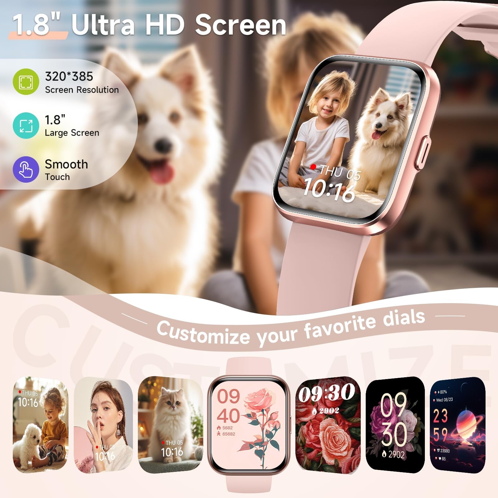 1.8″ Touch Screen Smart Watch for Women, Fitness Tracker, Calls, Alexa, Heart Ra