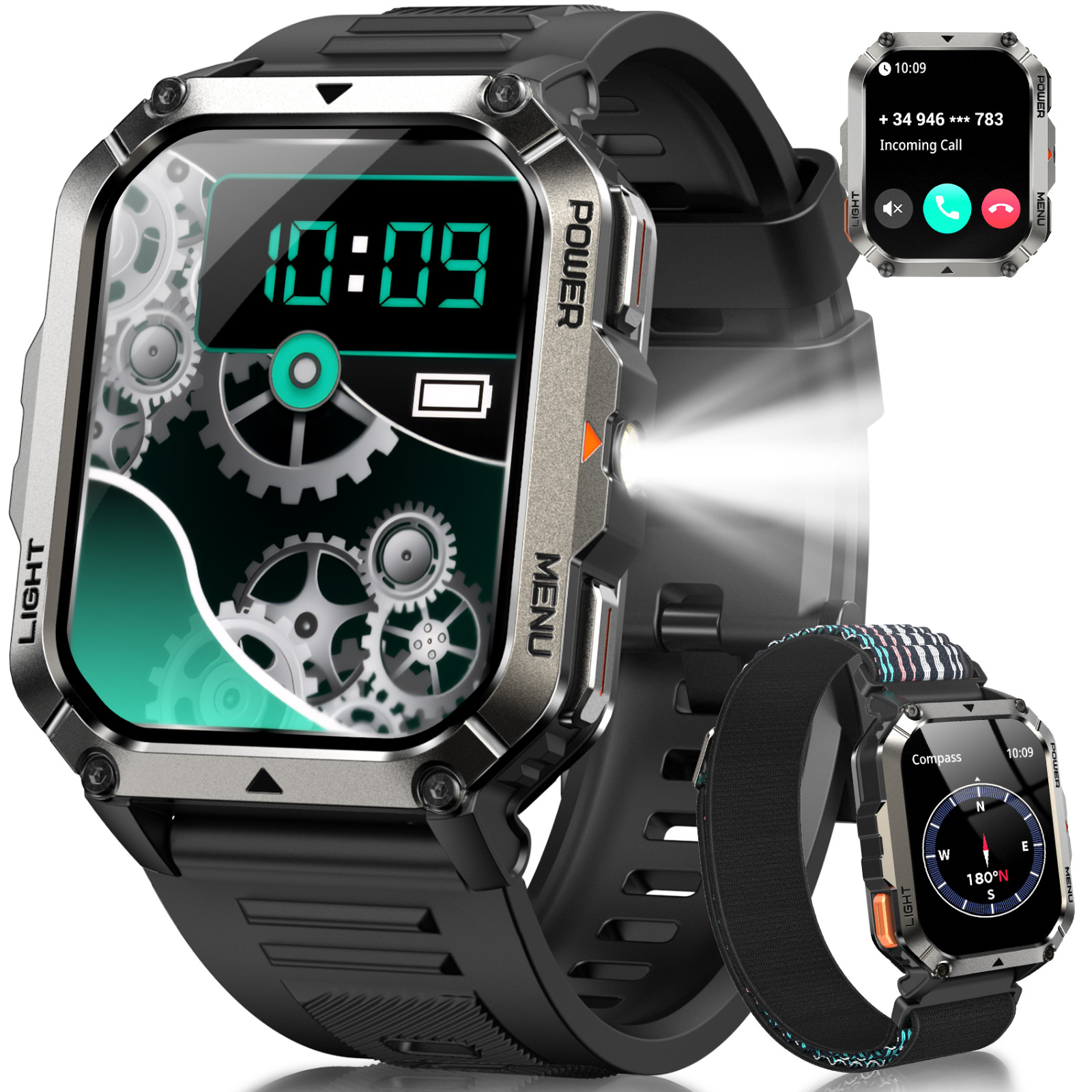 Rugged Smart Watch Men GPS Sport Fitness Tracker Smartwatch With LED Flishlights