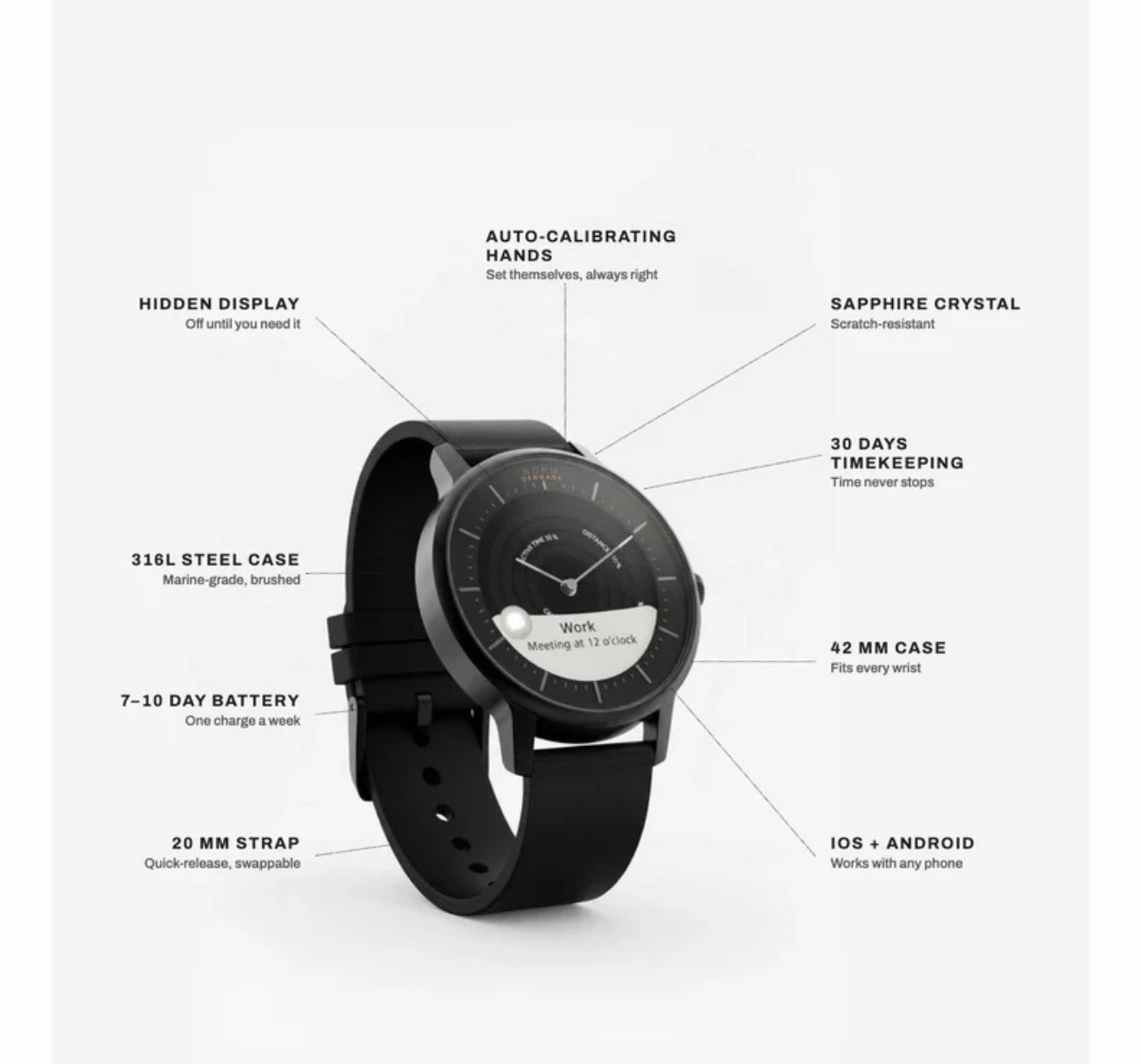 NORM Denmark The Norm Two 42mm Black Smartwatch with Extra Strap