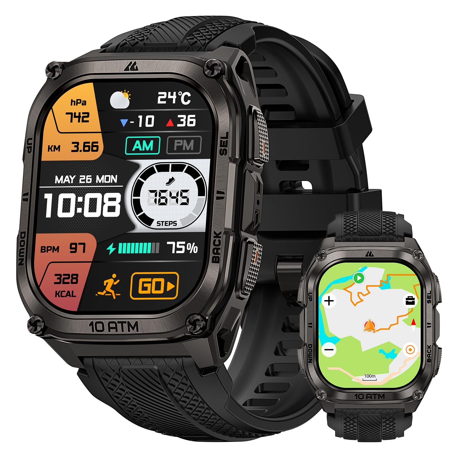 KOSPET Tank M4 Smart Watch for Men, Full Stainless Steel, GPS & 1.96, Black