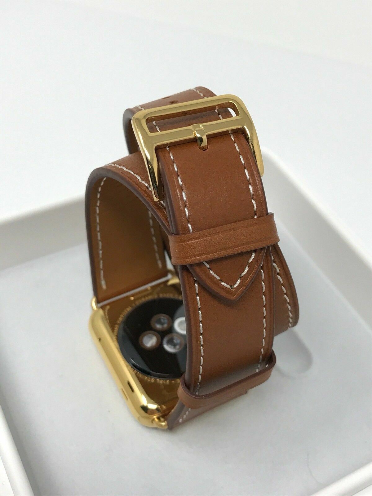 24K Gold 42MM Apple Watch Gen 1 With Double Tour Brown Leather Band