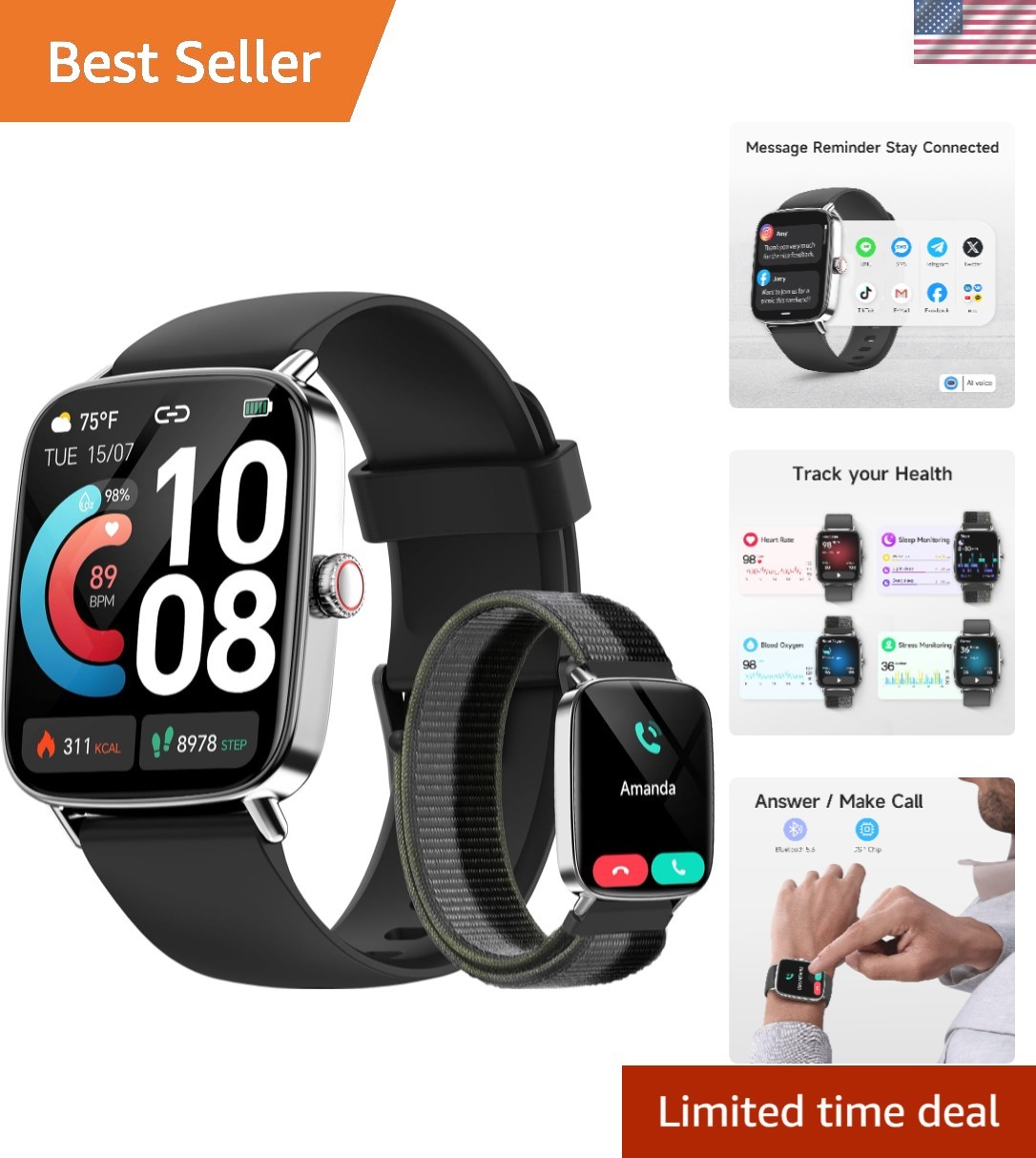 Waterproof Smart Watch for Fitness & Connectivity – 1.85″ AMOLED Display
