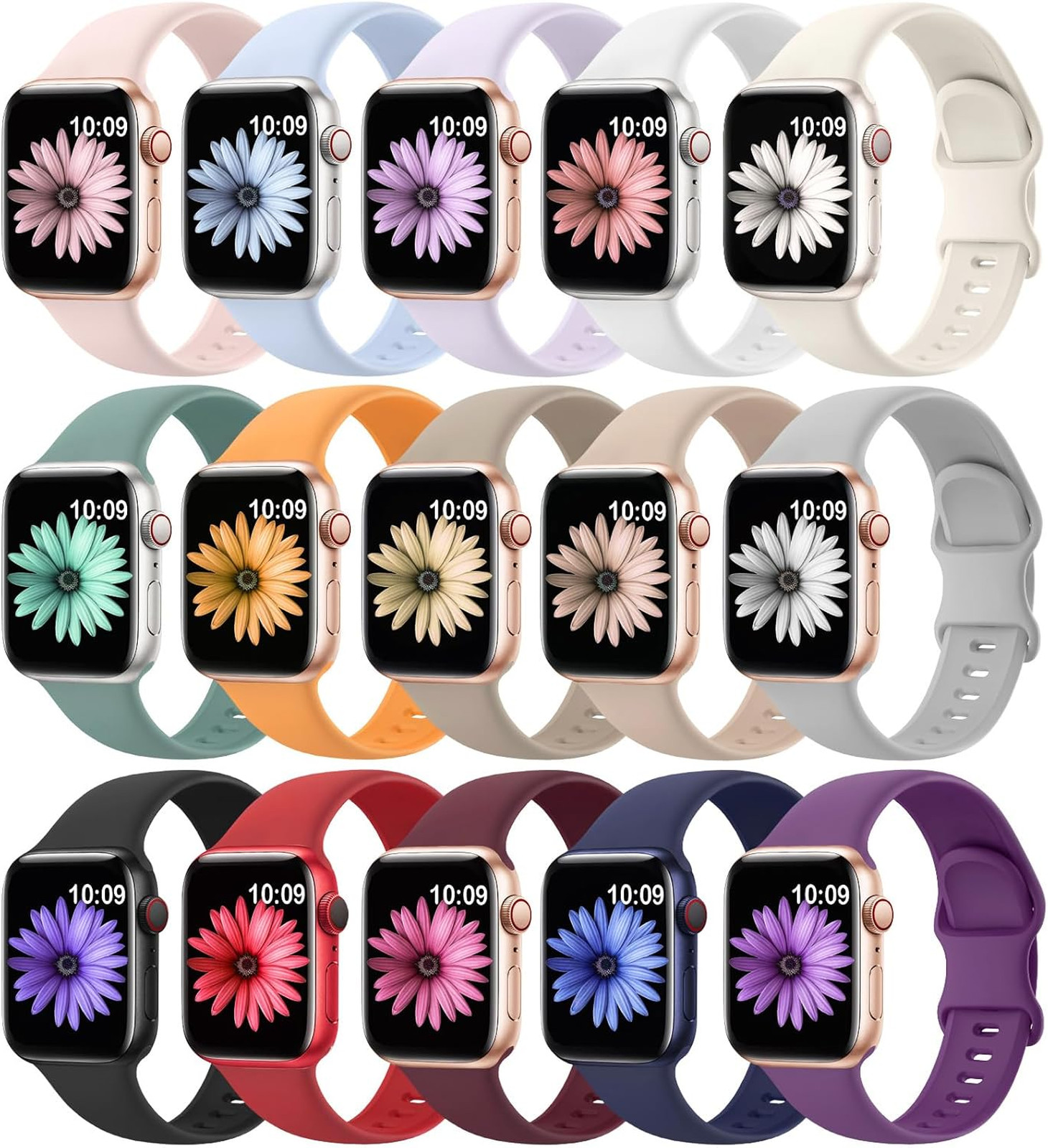 15 Pack Soft Silicone Sport Bands for Apple Watch 38mm 40mm 41mm 42mm 44mm 45mm
