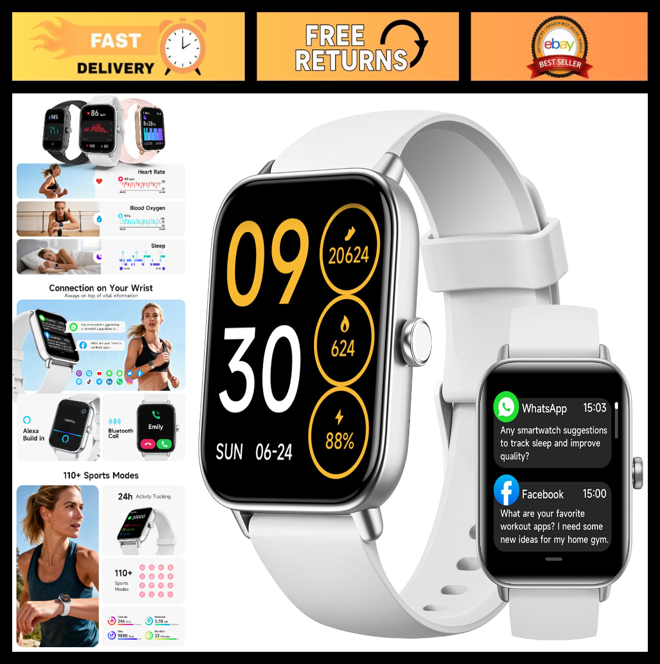 Women’s Smart Watch 1.85″ AMOLED Display, Fitness Tracker, Heart Rate, IP68 Wate
