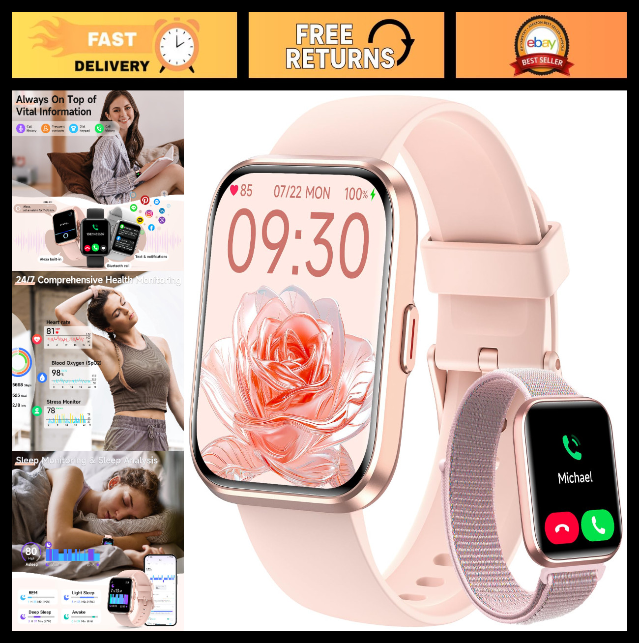 1.8″ Touch Screen Smart Watch for Women, Fitness Tracker, Calls, Alexa, Heart Ra
