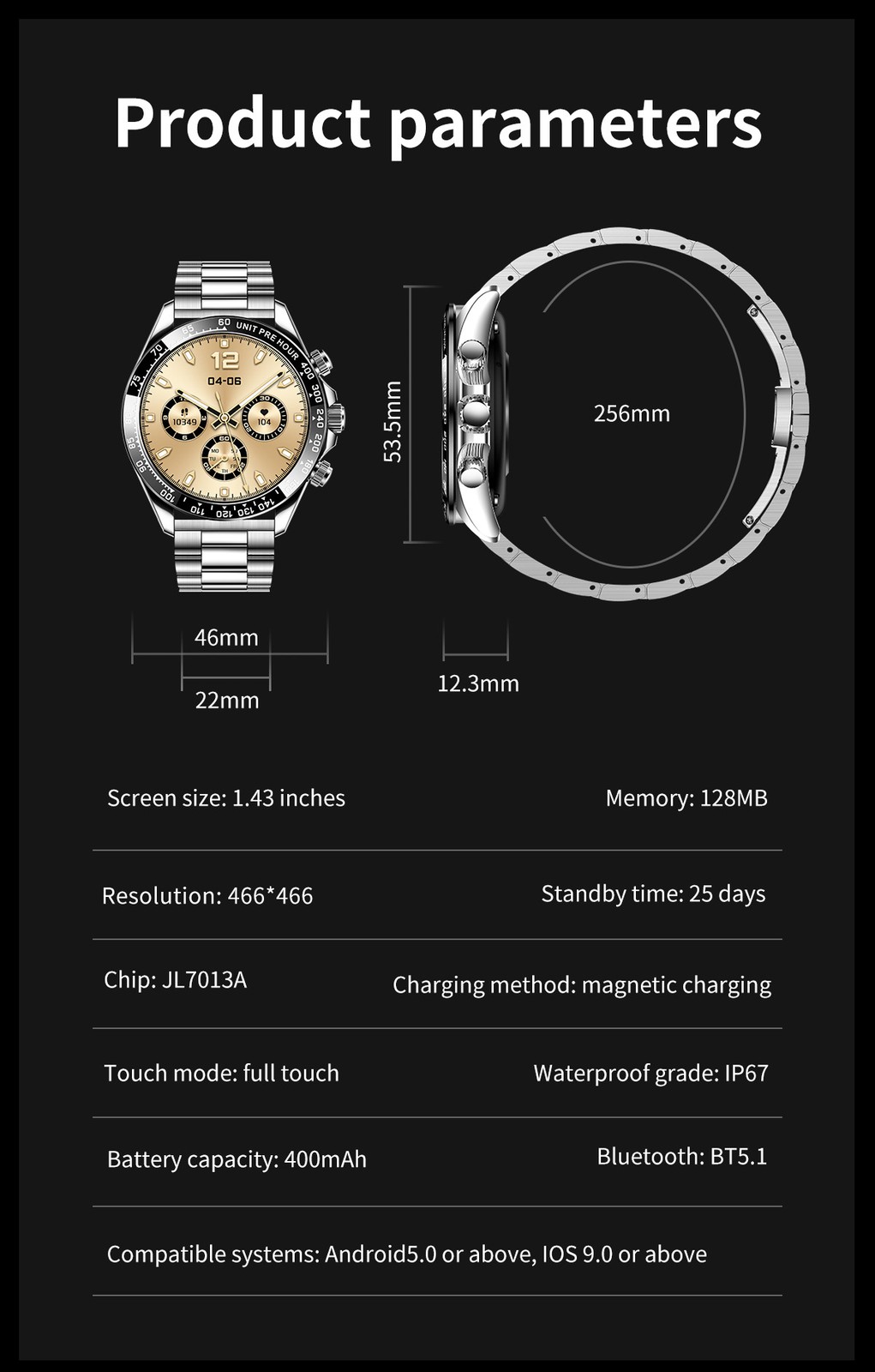 Men Smart Watch 1.43″ AMOLED Screen Bluetooth Call Stainless Steel Luxury Sport