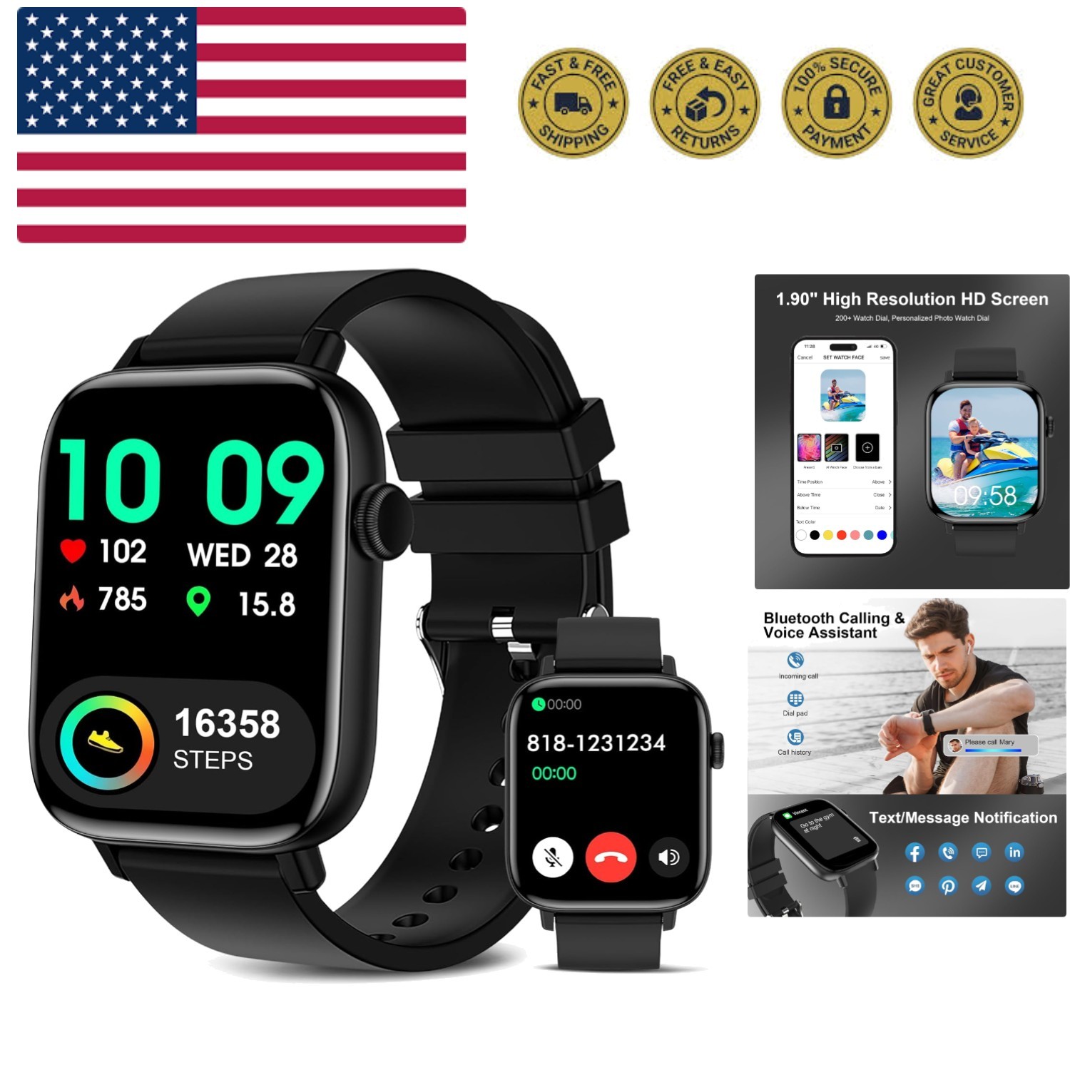 Smart Watch for Men – 1.90″ HD Touch Screen Smartwatch, Bluetooth Call, Fitne…