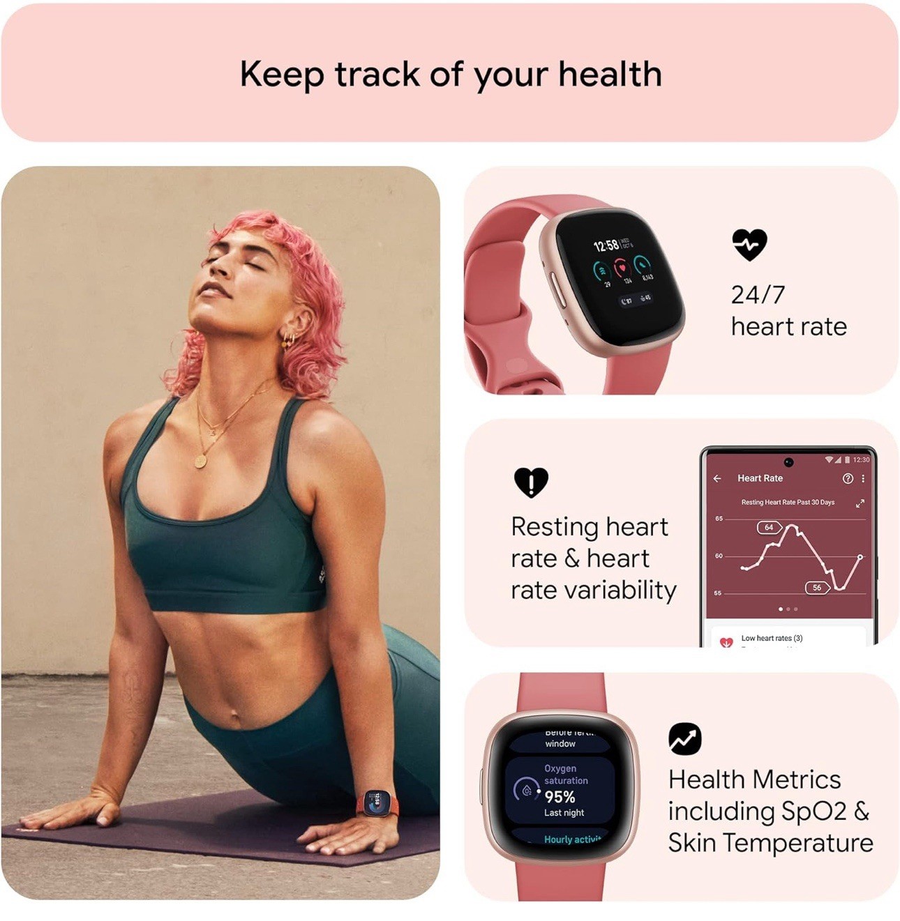 Fitbit Versa 4 Smartwatch – Copper Rose Aluminum with Pink Sand Band