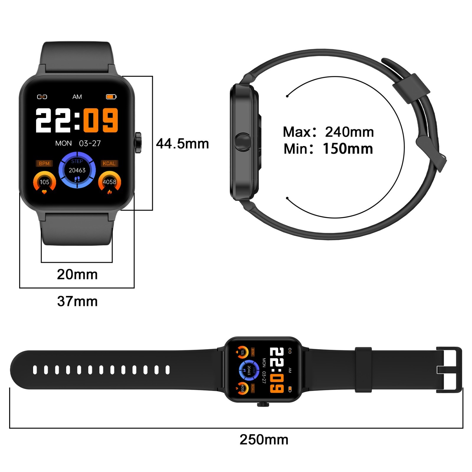 Smartwatch for Men/Women Bluetooth Compatible w/ iPhone Samsung Android Black