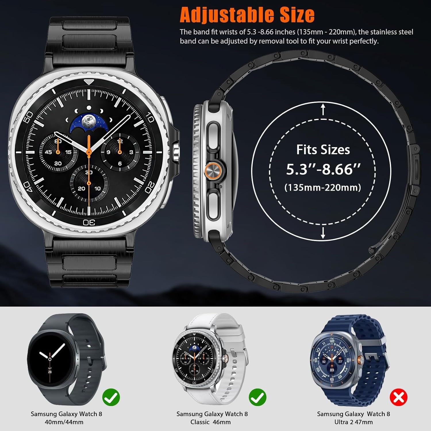 Black Metal Band for Samsung Galaxy Watch 8 Classic 46mm & 40mm/44mm Models