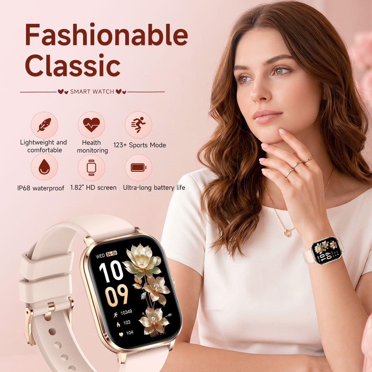 Women Smart Watch 1.82″ HD Touch Screen Bluetooth Call IP68 Waterproof Rose Gold