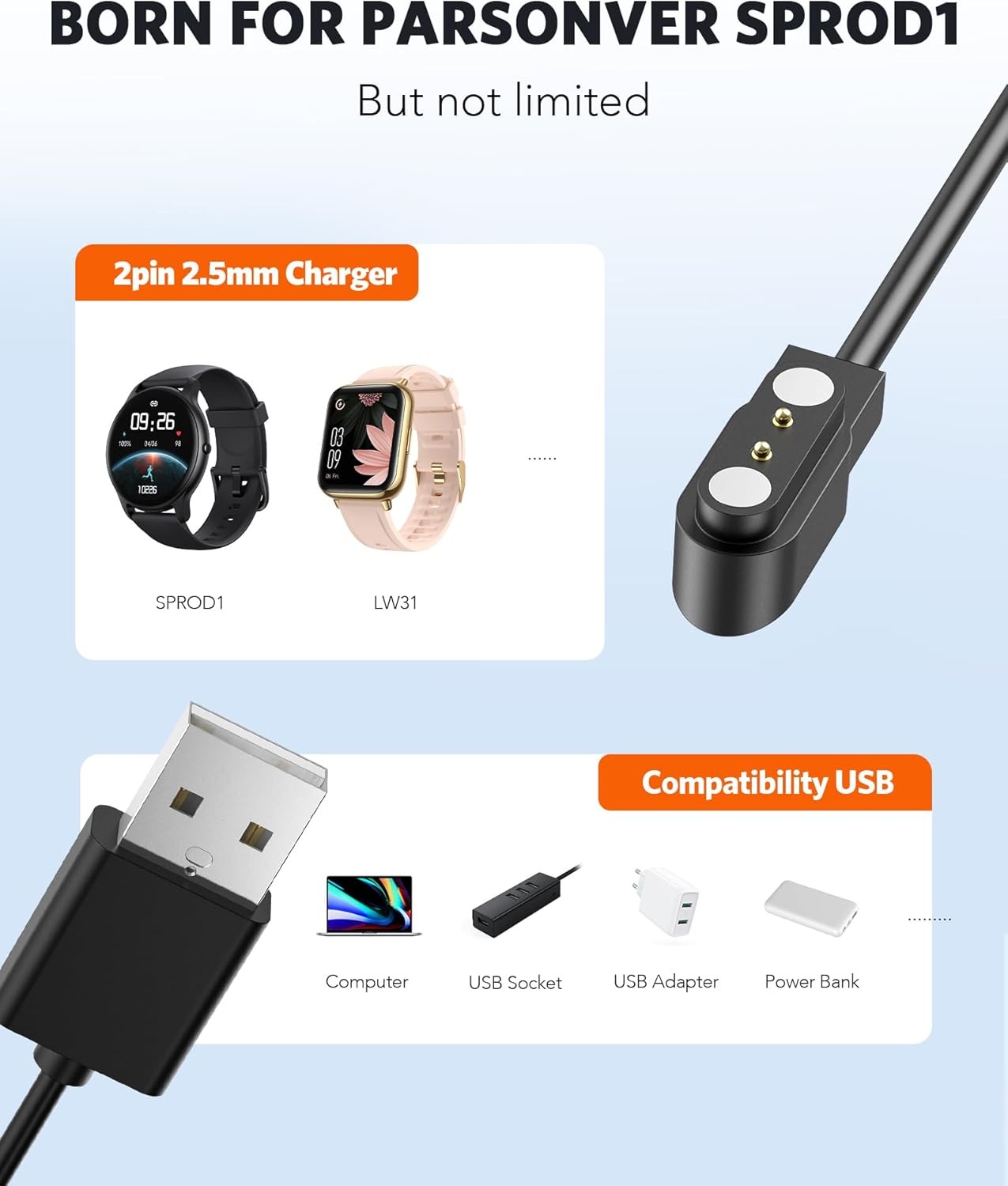2-Pack Smart Watch Charger, Magnetic USB Charging Cable for Smartwatches 2-pin