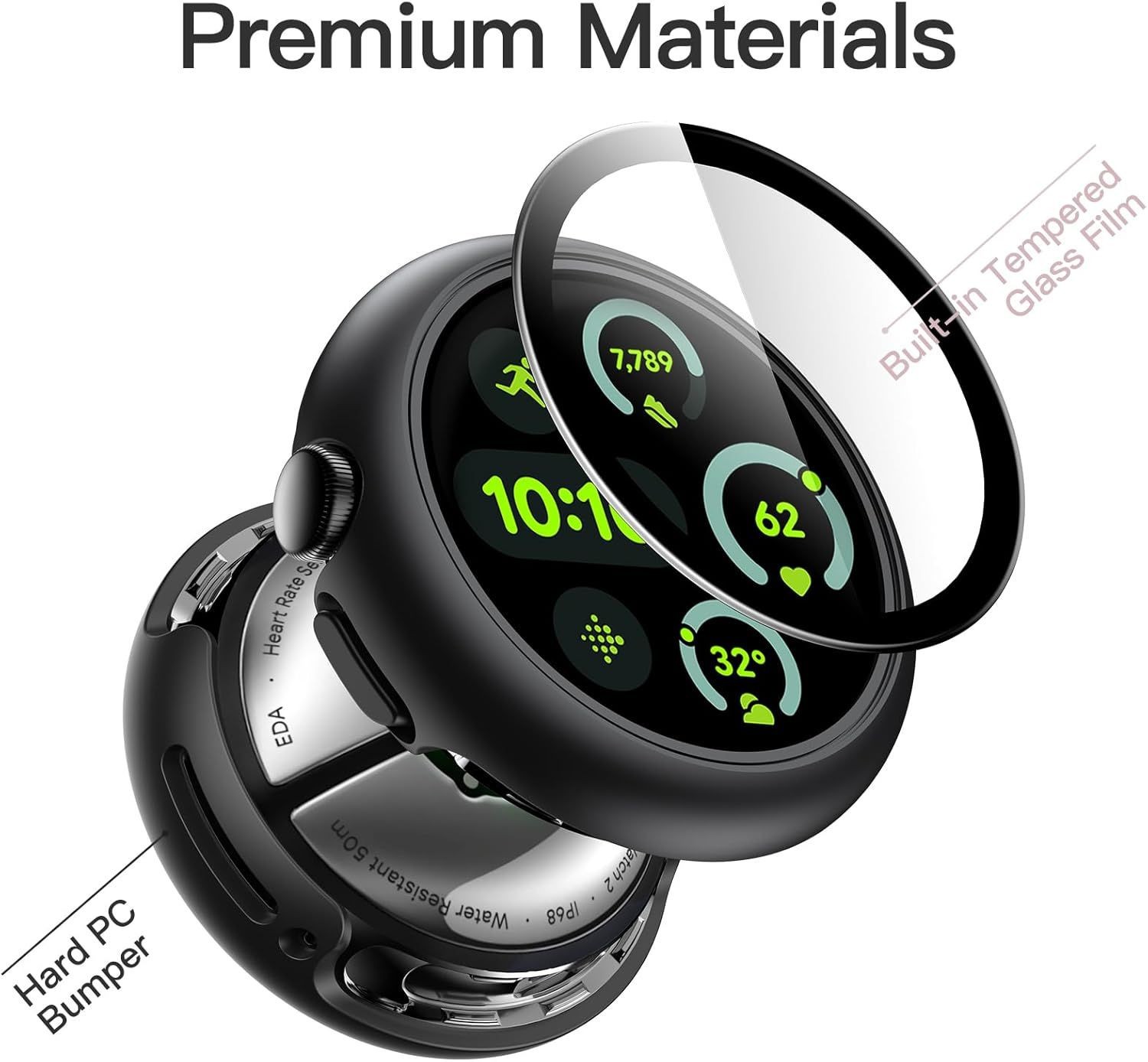 2-Pack Black Case with Screen Protector for Pixel Watch 41mm, 9H Hard Glass