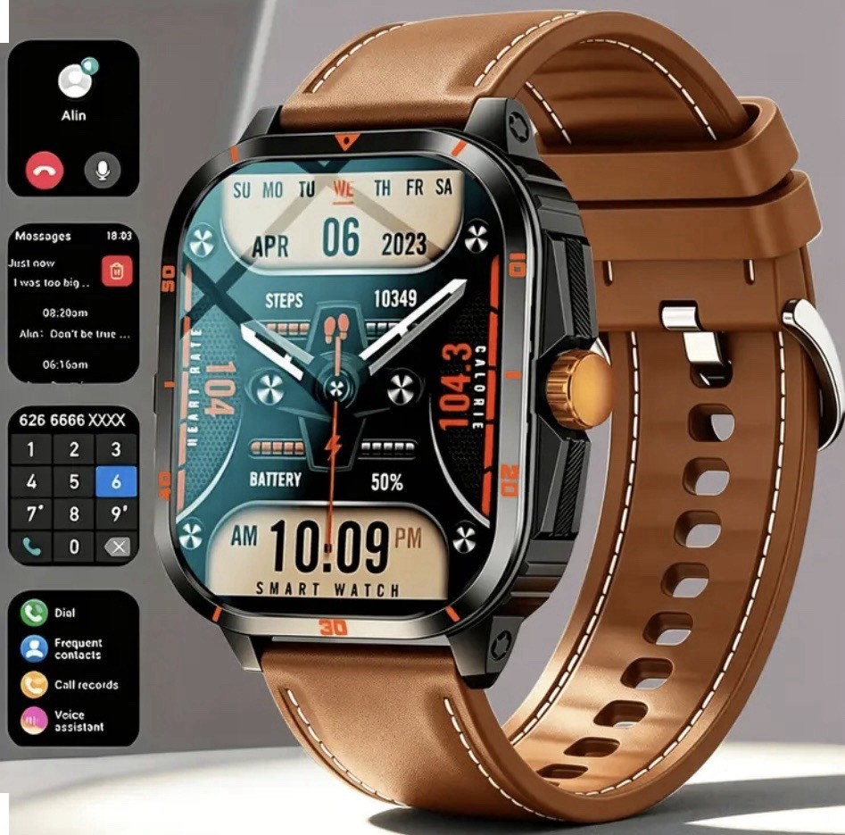 Touchscreen Bluetooth Call Smart Watch 42mm Metal Case, Black/Brown Leather Band