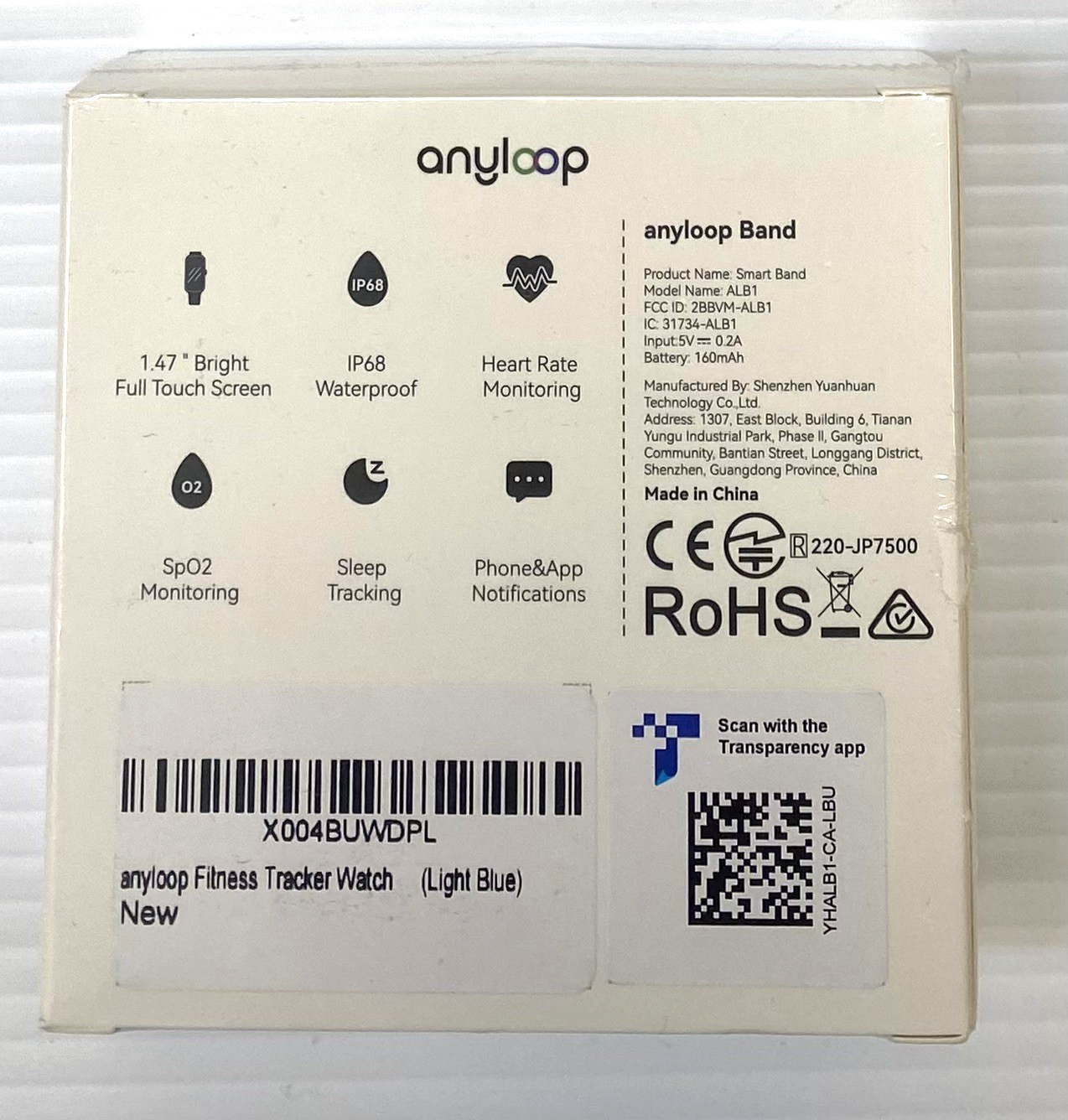 Anyloop Smart Band, Model ALB1, Fitness Tracker Watch, Light Blue, New In Box