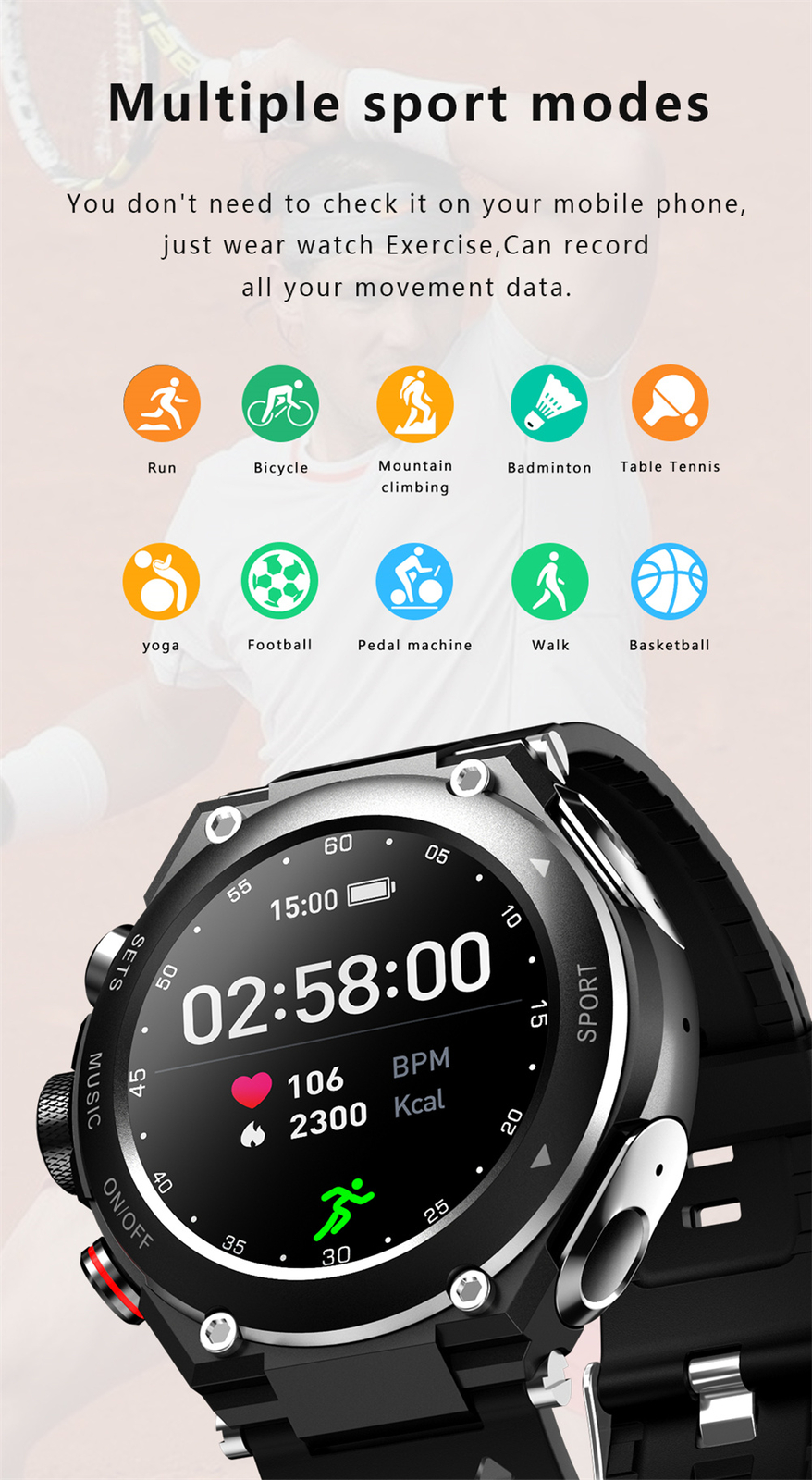 Bluetooth Headset Smart Watch 2 in 1 Activity Fitness Tracker Music Wristwatches