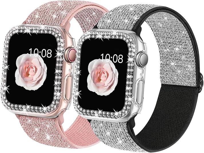 2 Pack Bling Stretchy Watch Bands for Apple Watch 40mm 44mm Adjustable Nylon