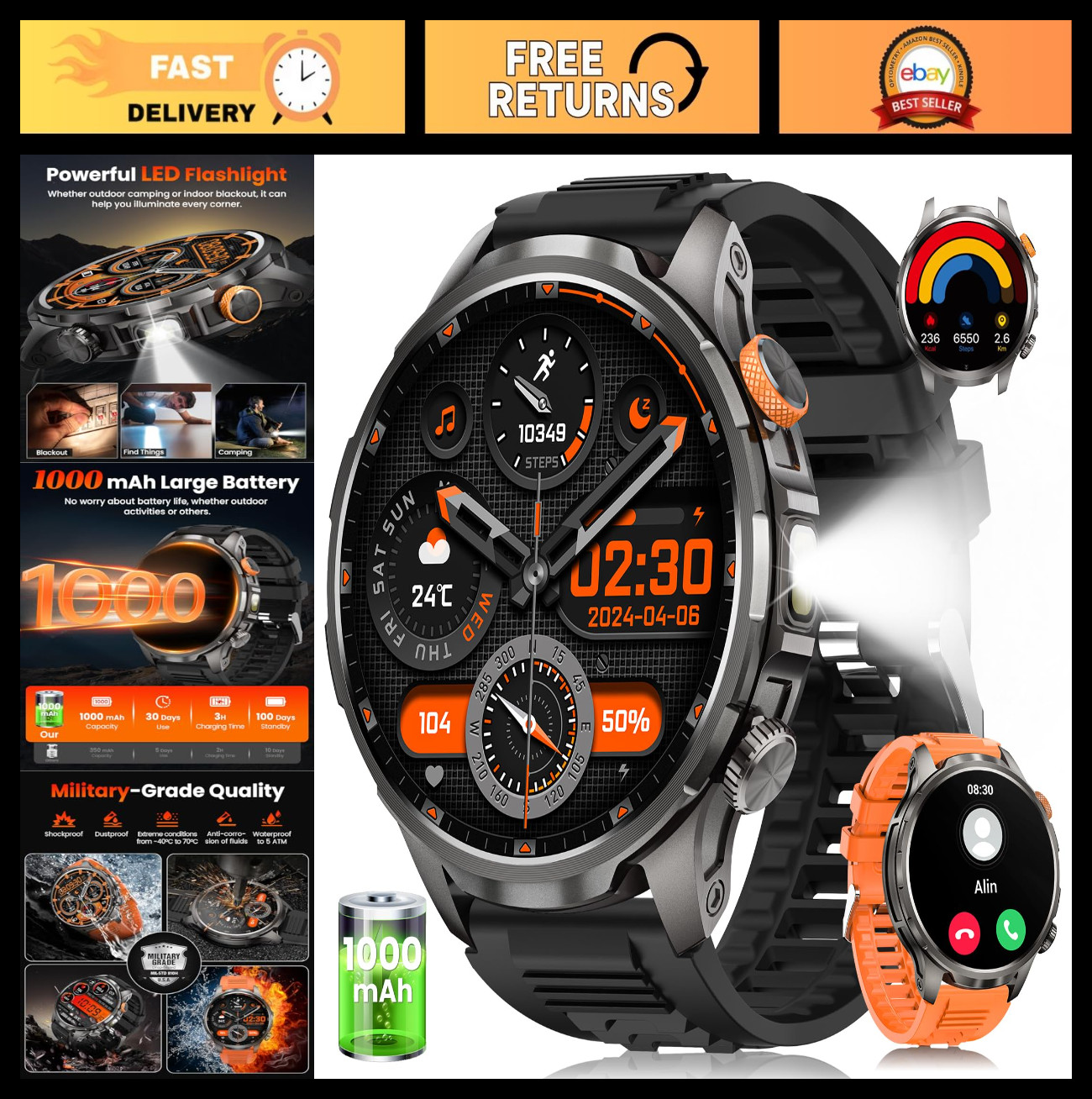 Rugged Military Smart Watch for Men, 100 Days Battery, 5 ATM Waterproof, Heart R