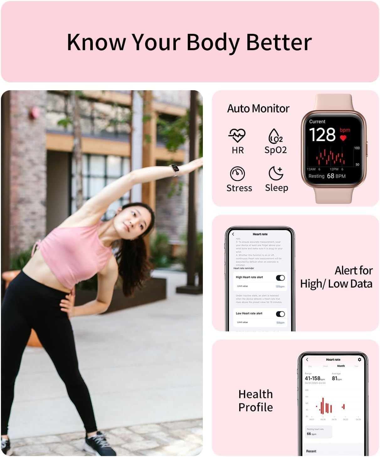 1.69″ RERE Smart Watch – Alexa Built-in, Heart Rate & Blood Oxygen Monitor, Pink