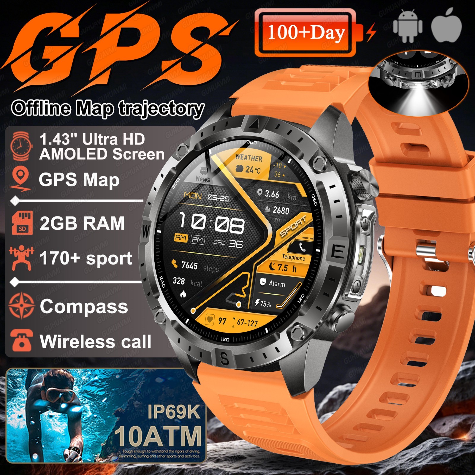 2026 GPS Smart Watch Dual Band GPS AMOLED 10ATM Military Bluetooth Call