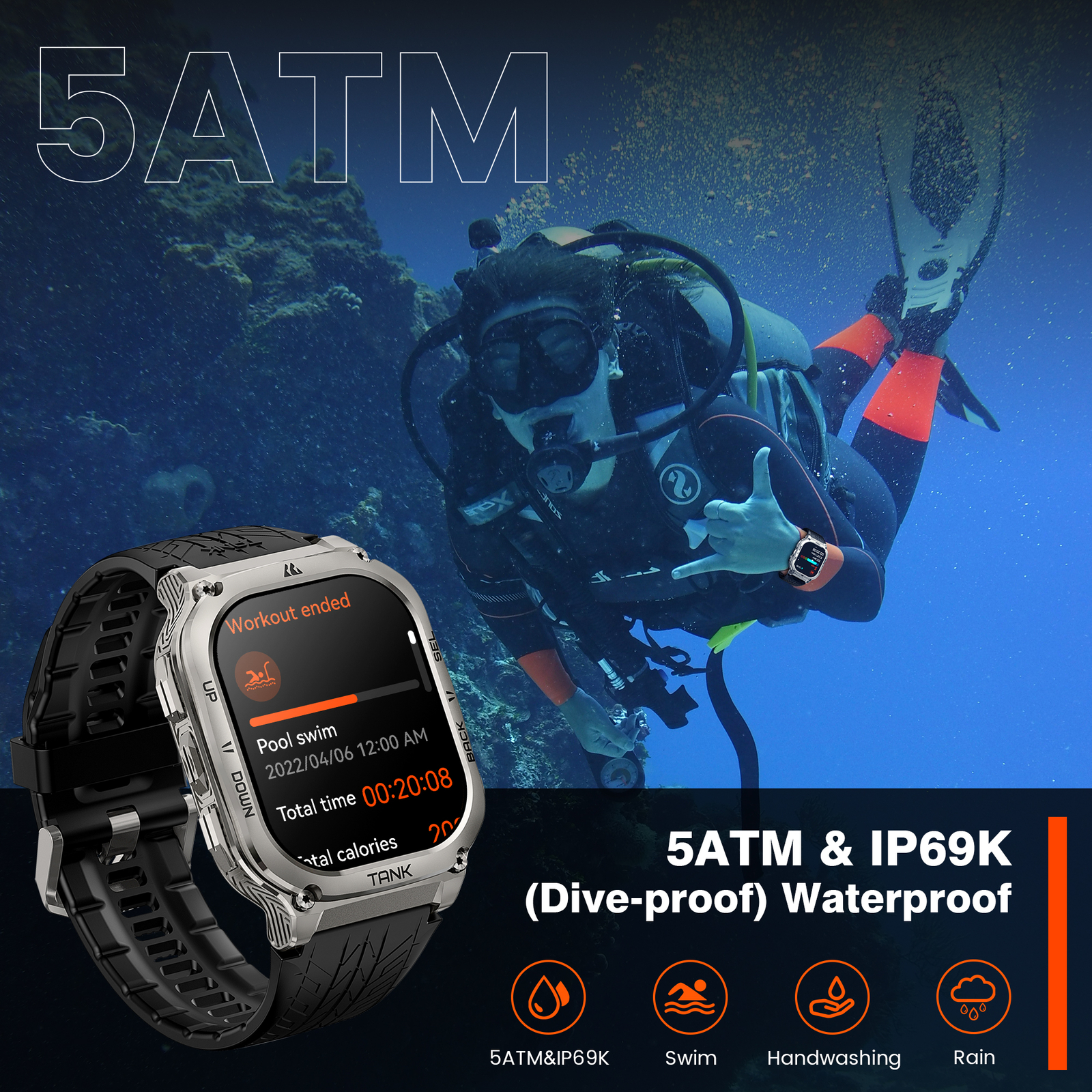 AMAZTIM TANK M3 Smart Watch Men Smart Watches 480mAh Big Battery Bluetooth Watch