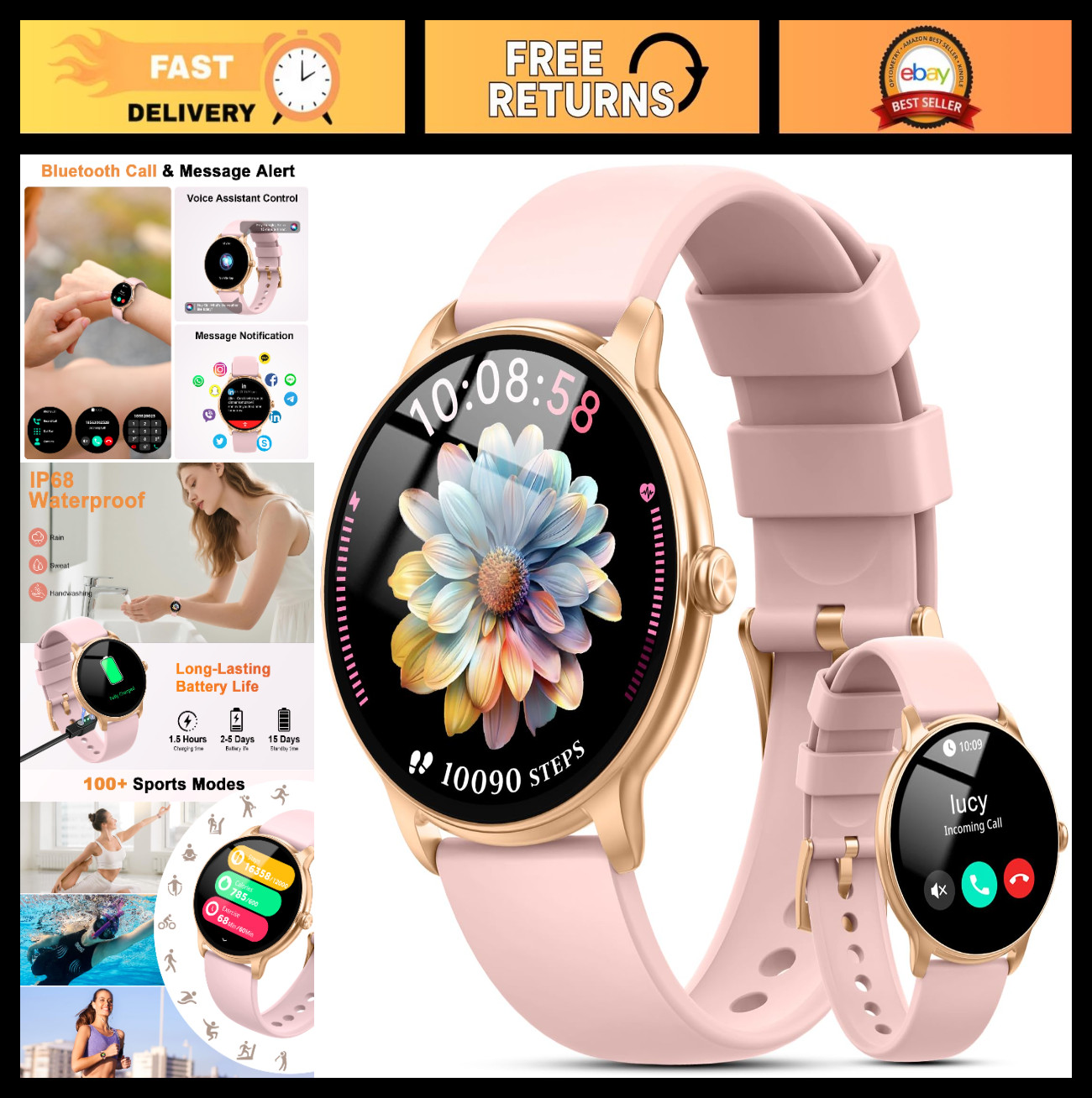 Lightweight Smart Watch for Women, 1.32” AMOLED, Fitness Tracker, Calls, IP68 W