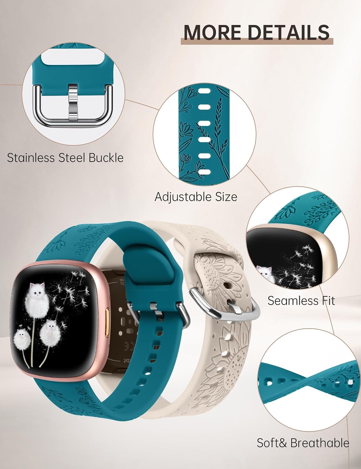 2 Pack Cute Floral Engraved Silicone Bands for Fitbit Versa 4/3/Sense 2 Women