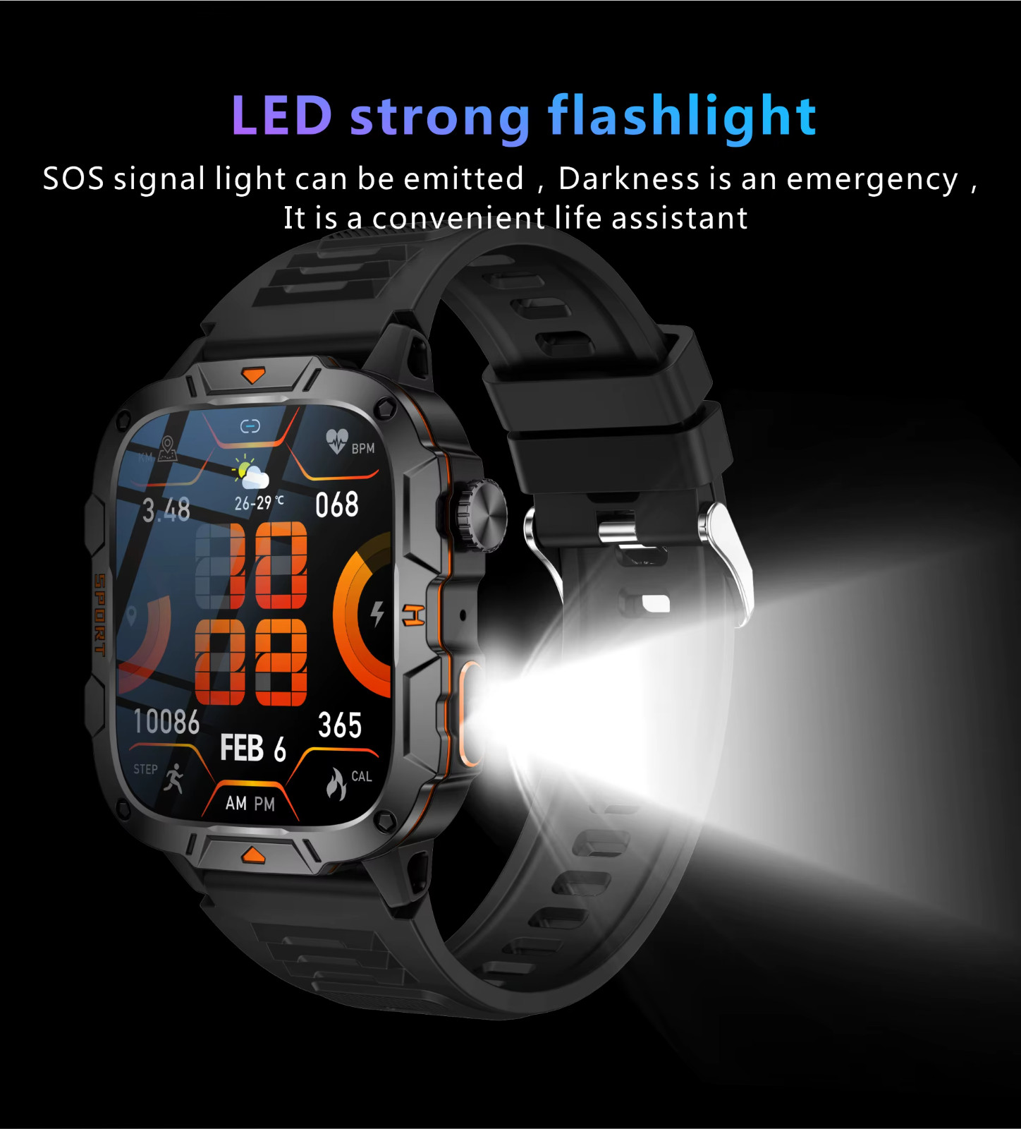 Military smart watch with built in Flashlight, QX12