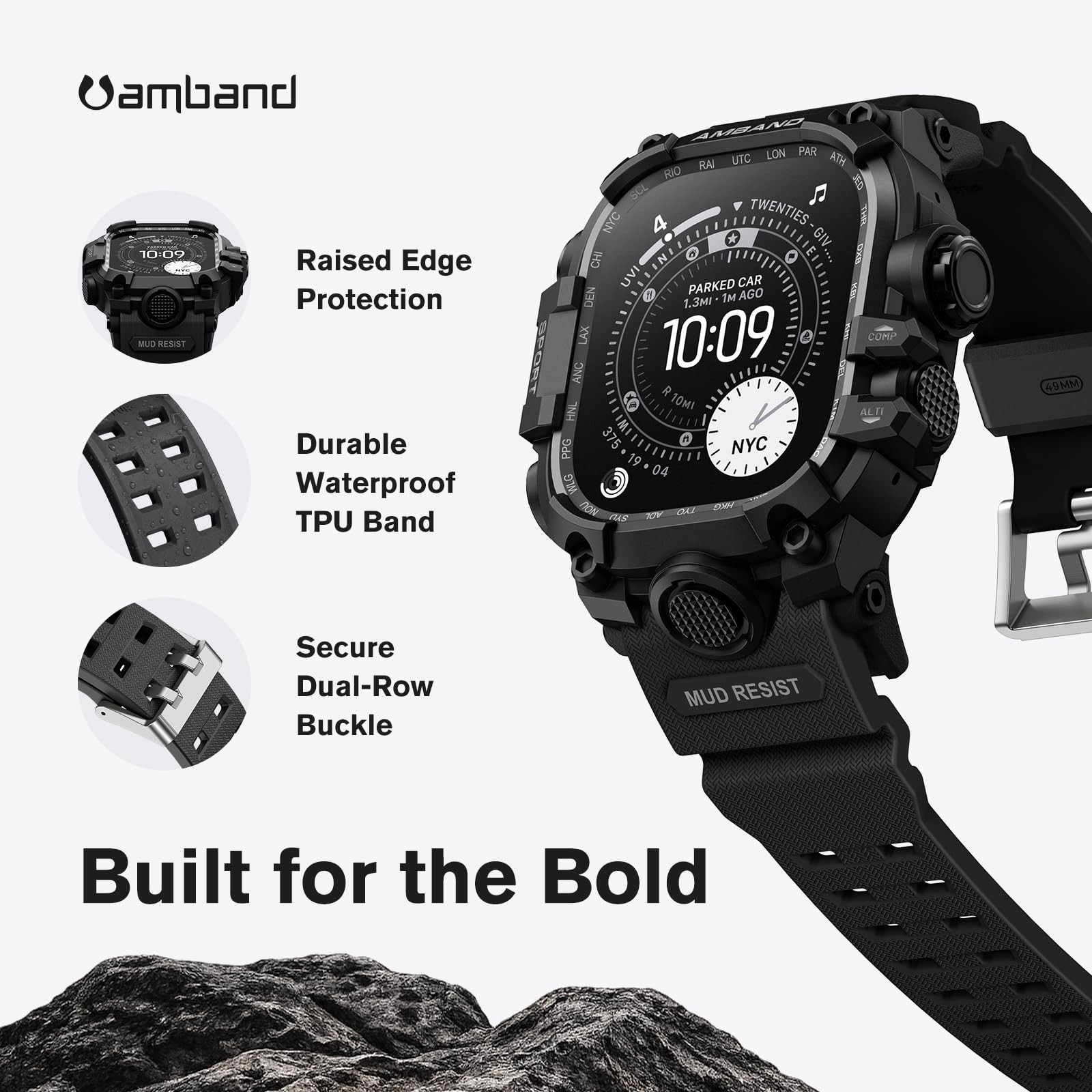 Rugged Protective Case & Band for Apple Watch Ultra 49mm, 9H Tempered Glass, Bla