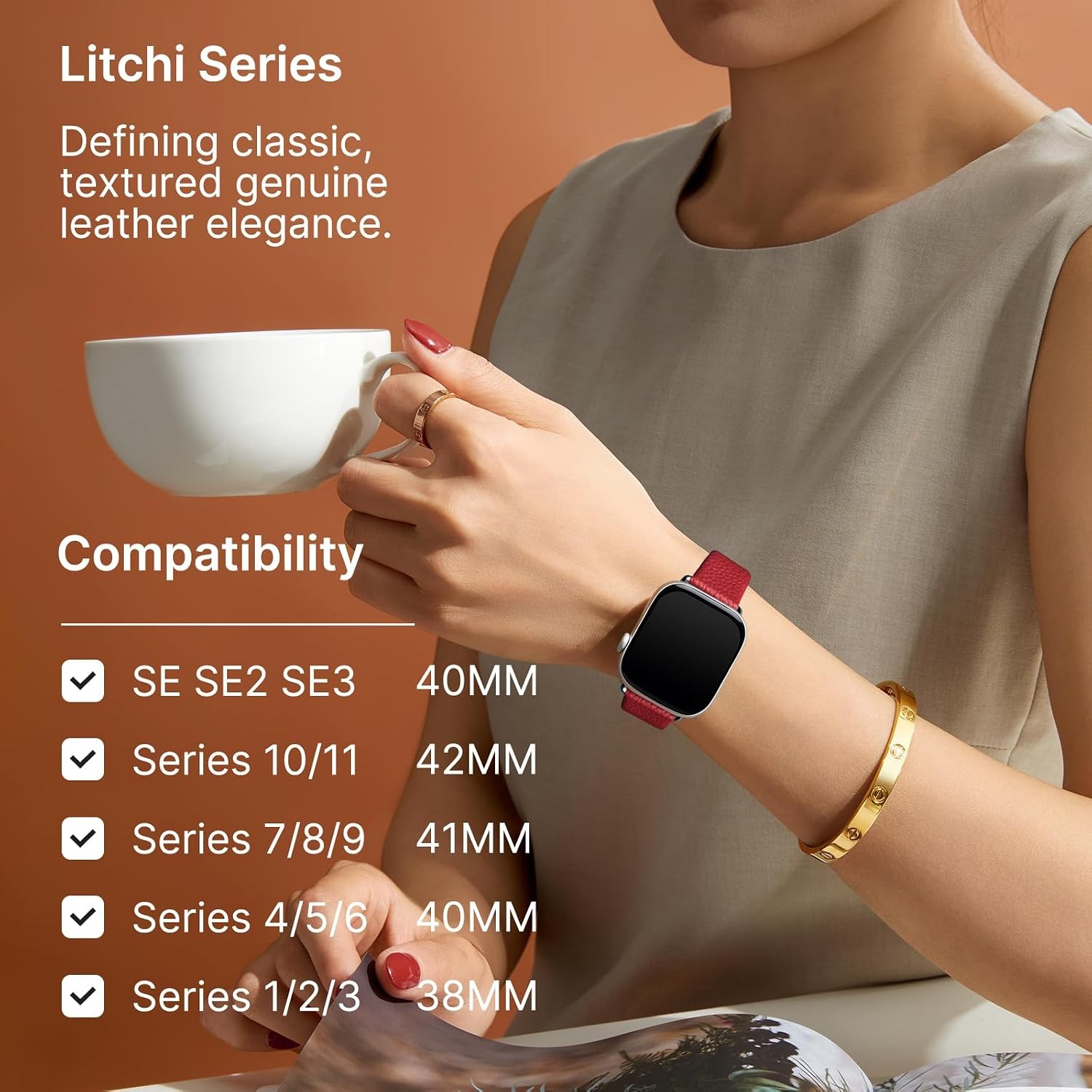 Genuine Leather Strap Compatible with Apple Watch 49/44mm Red & Silver