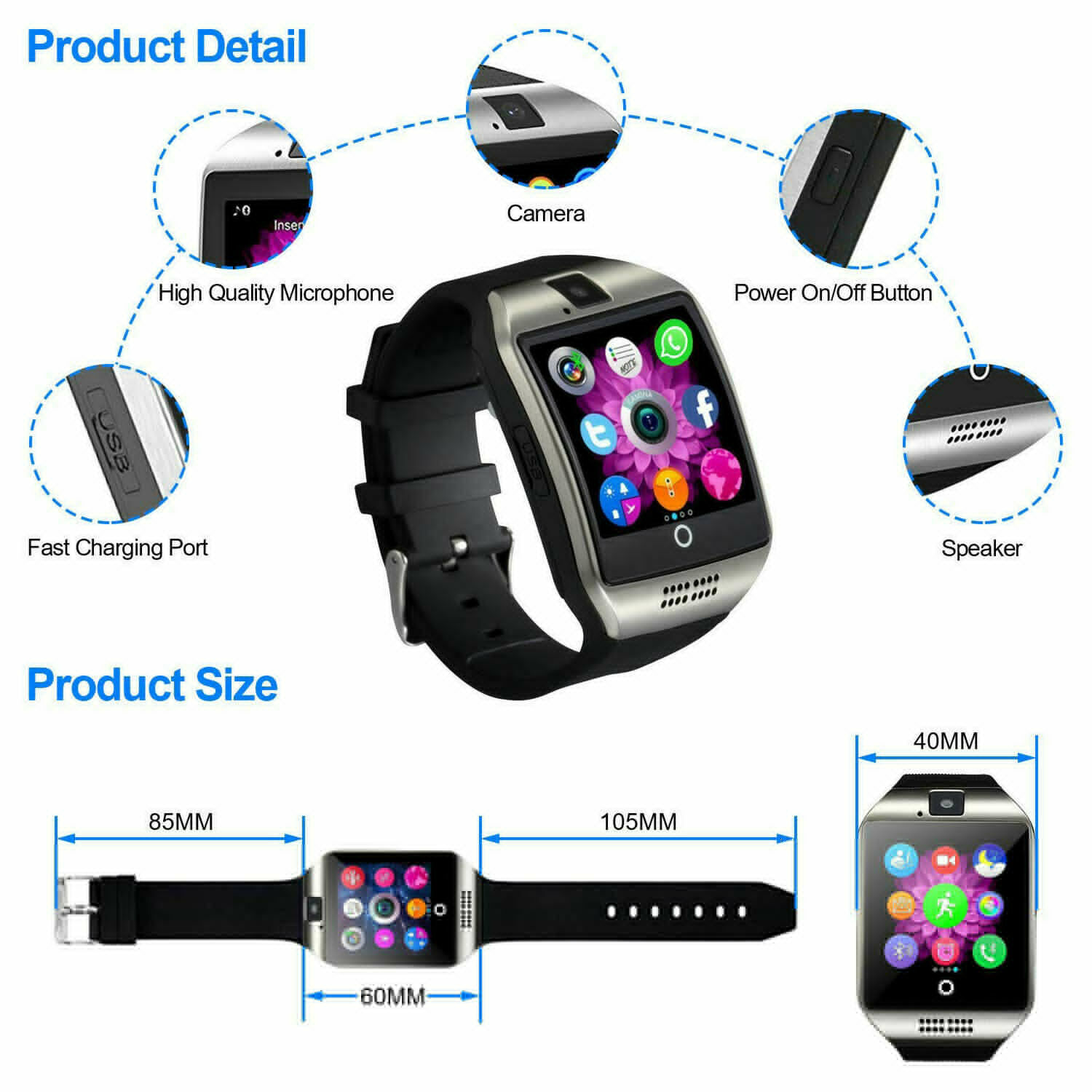 Touch Screen Bluetooth Smart Watch Sport Pedometer Smartwatch For Android Phones