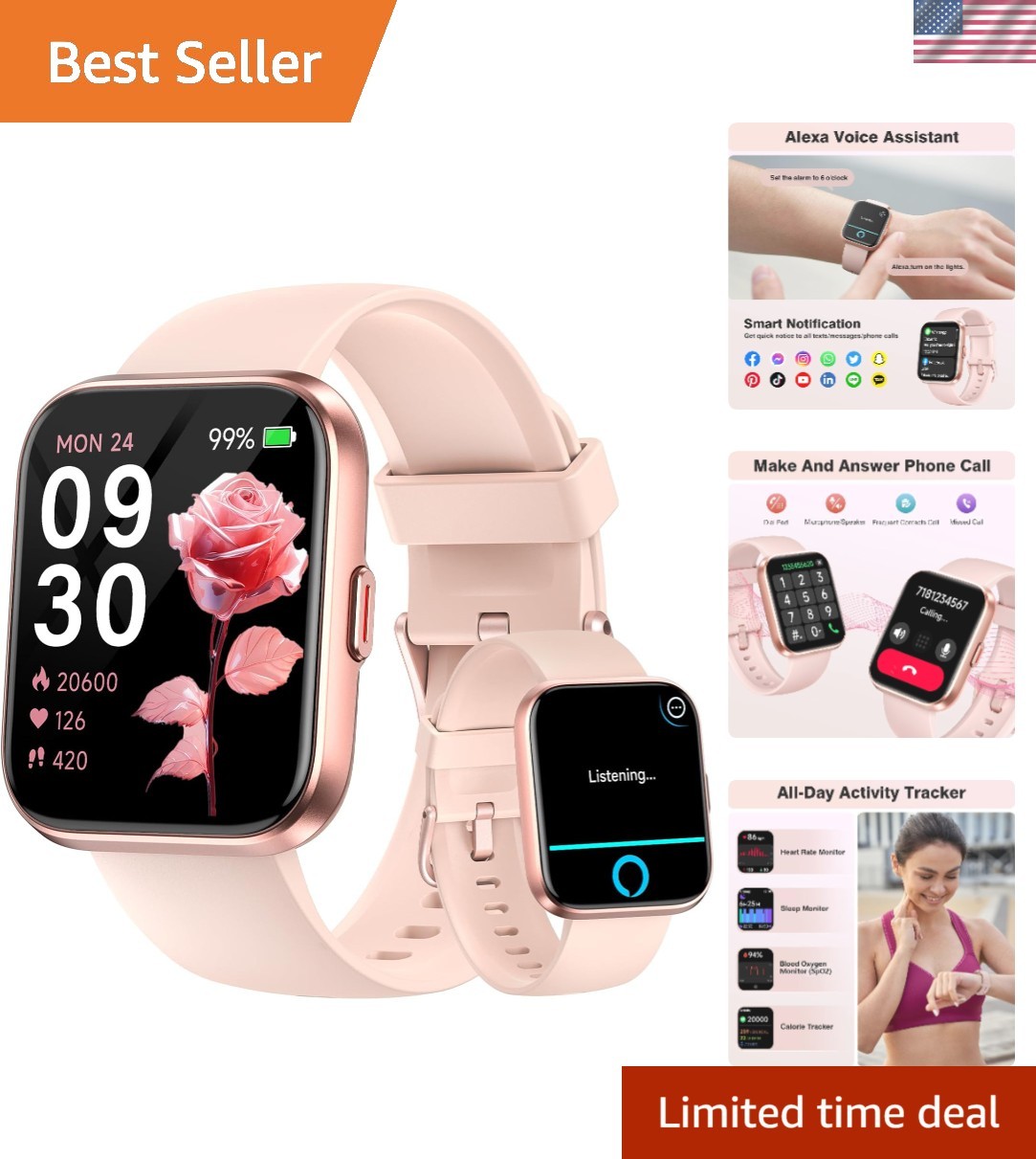 Waterproof 1.8” Smartwatch with Bluetooth Calls & Heart Rate Monitor