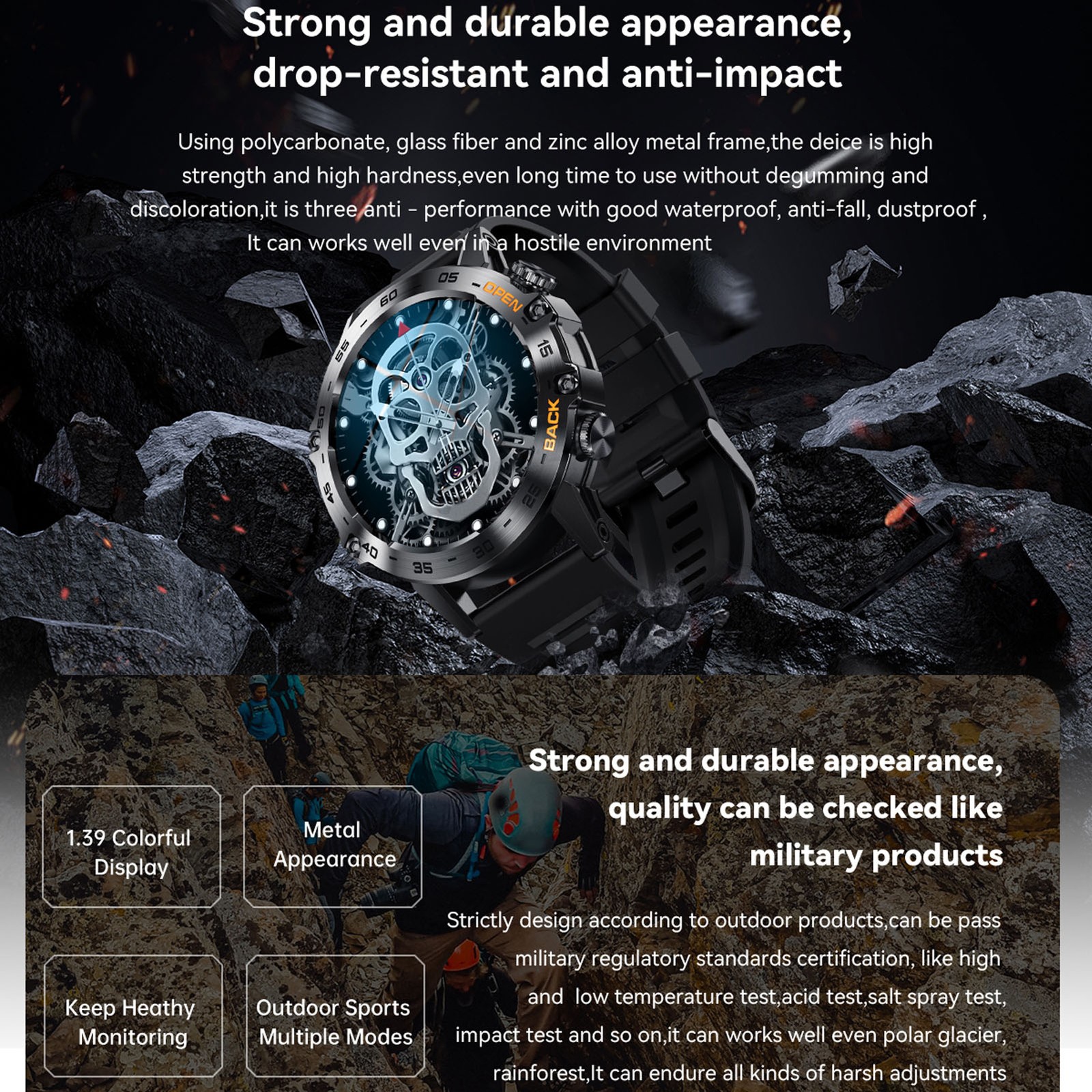 Black Outdoor Smartwatch With Speaker Waterproof Dustproof LCD Bluetooth In ULOW