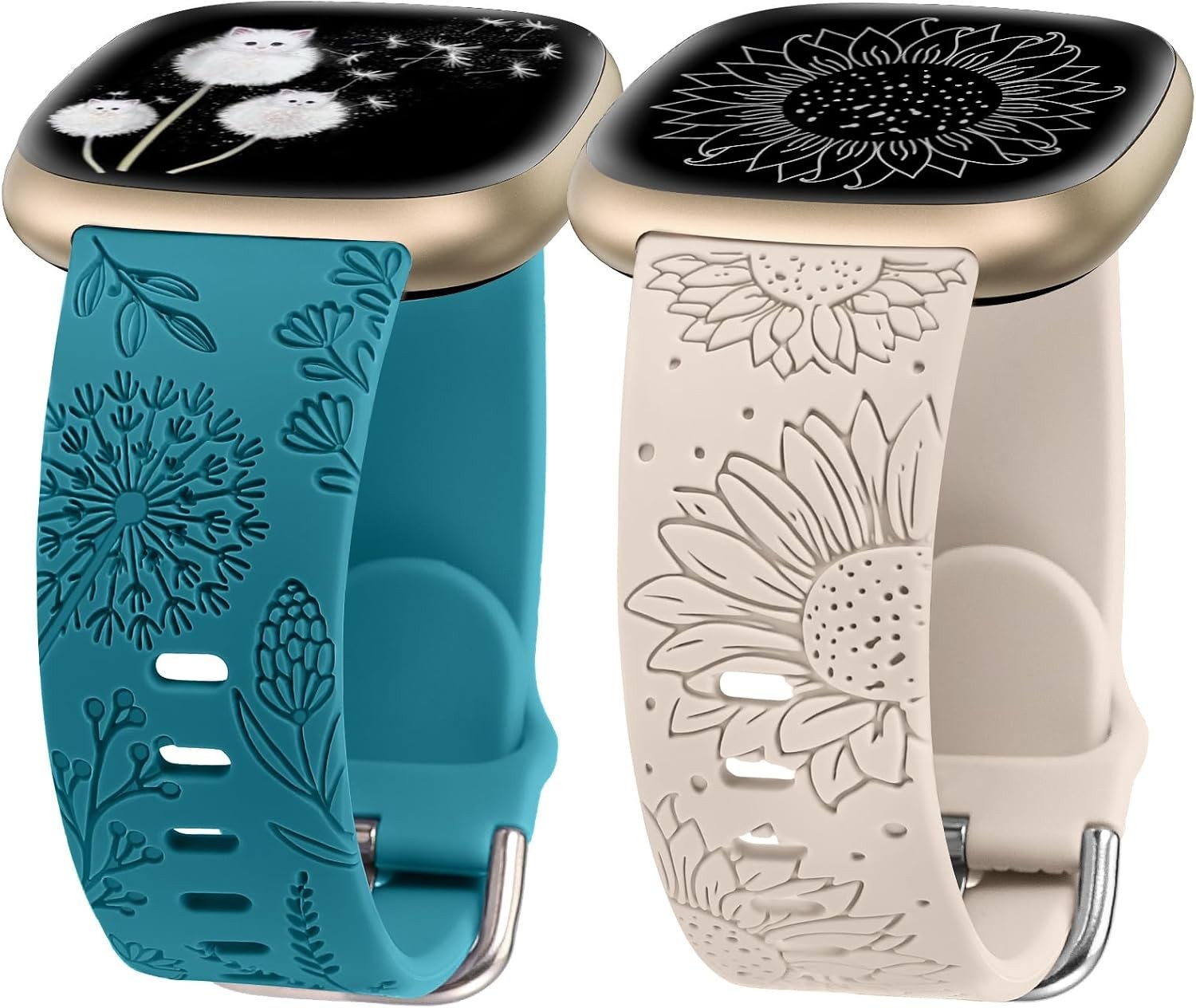 2 Pack Cute Floral Engraved Silicone Bands for Fitbit Versa 4/3/Sense 2 Women