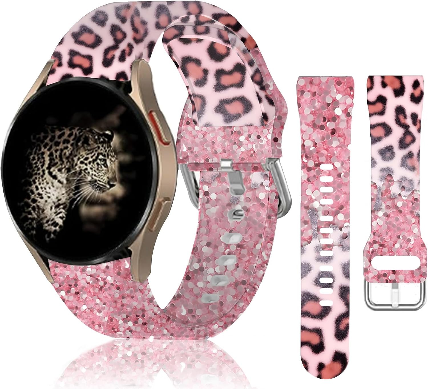 20mm Silicone Sport Band in Pink Glitter Leopard for Galaxy Watch 6/5 40mm 44mm