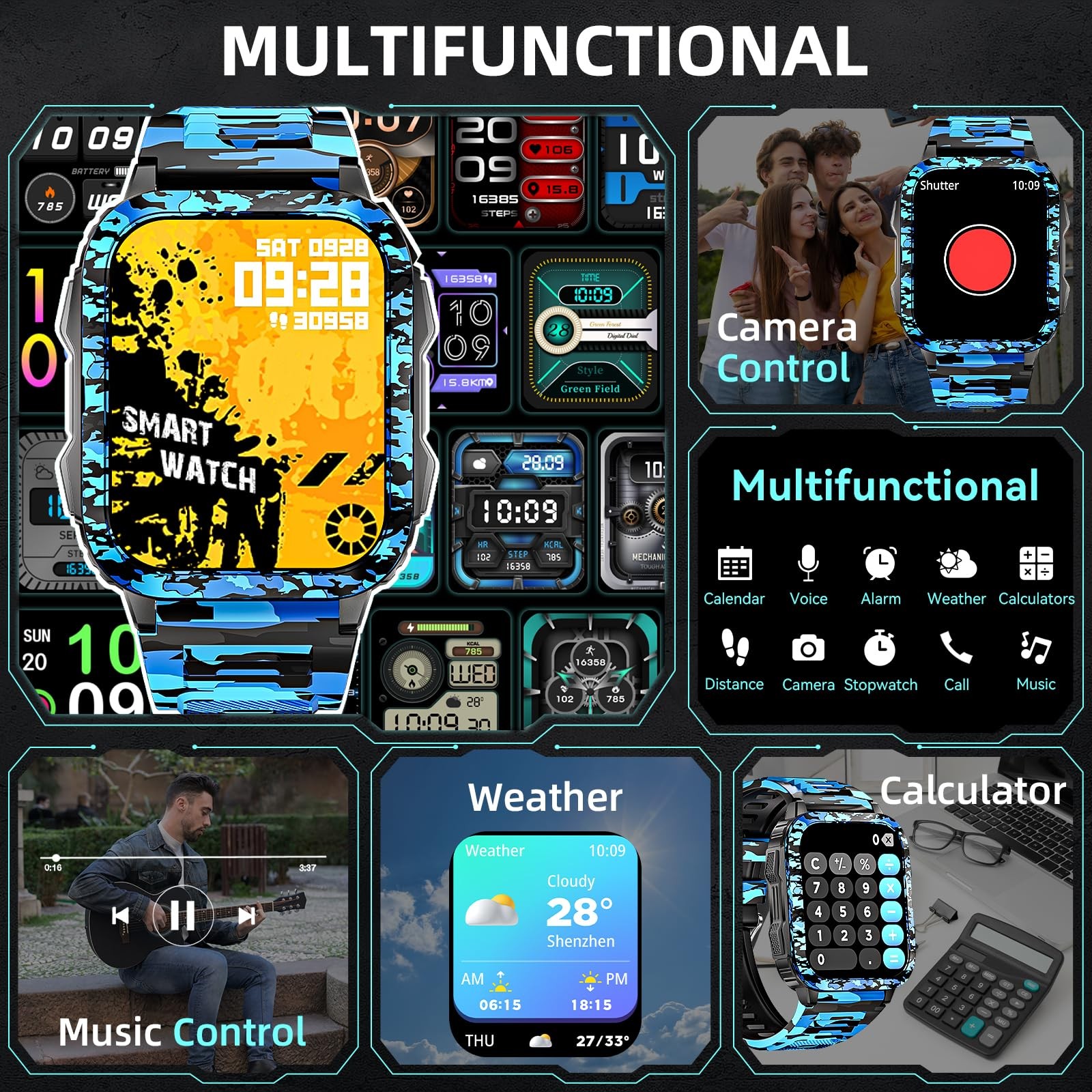 Military Smart Watches for Men Make/Answer Call with LED Flashlight