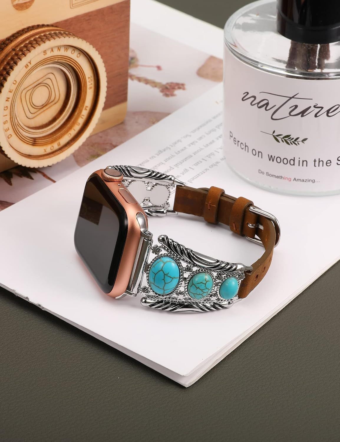 Leather Strap Compatible with Apple Watch Series 7 44mm Adjustable Turquoise