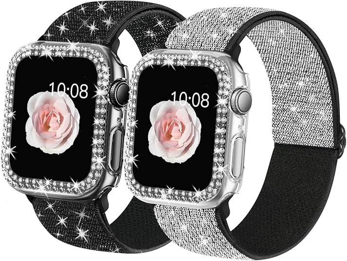 2 Pack Bling Stretchy Watch Bands for Apple Watch 40mm 44mm Adjustable Nylon