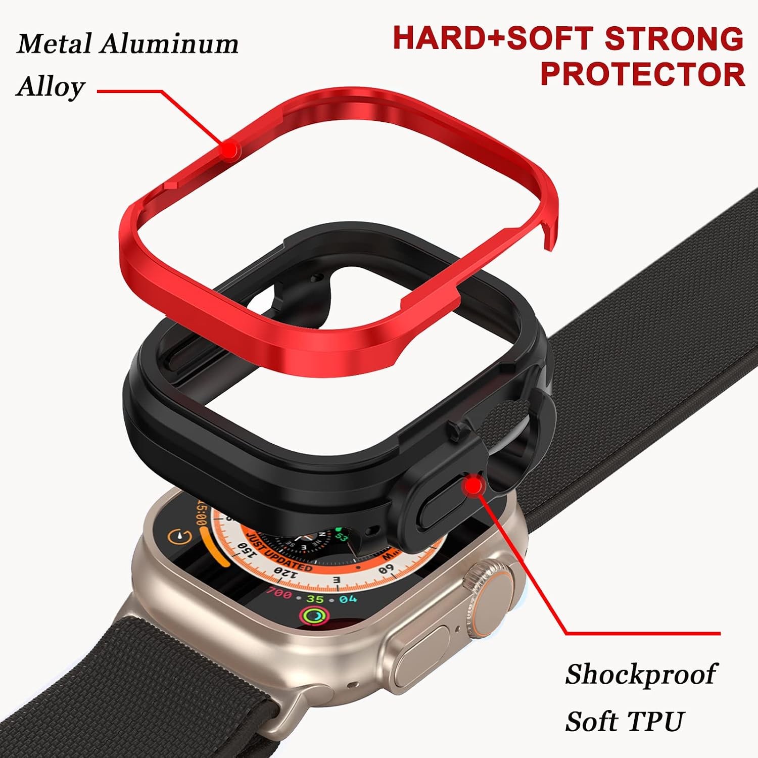 Shockproof Case for Apple Watch Ultra 2 49mm Aluminum & TPU Bumper Red