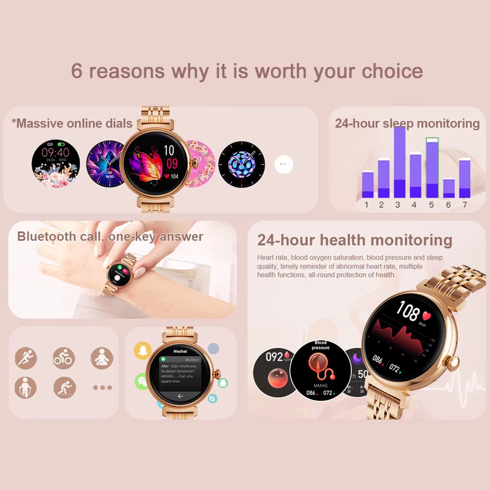 1.04 Inch AMOLED Screen Fashion Ladies Smart Watch Screen Always Display Bluetoo