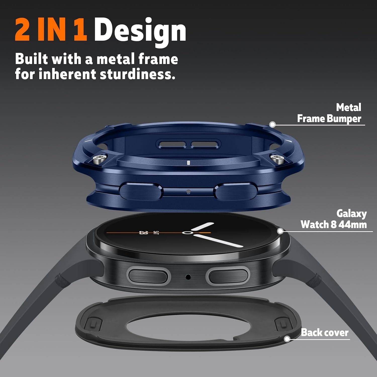 Rugged Protective Bumper 2 in 1 Metal Case for Galaxy Watch 8 44mm, Blue White