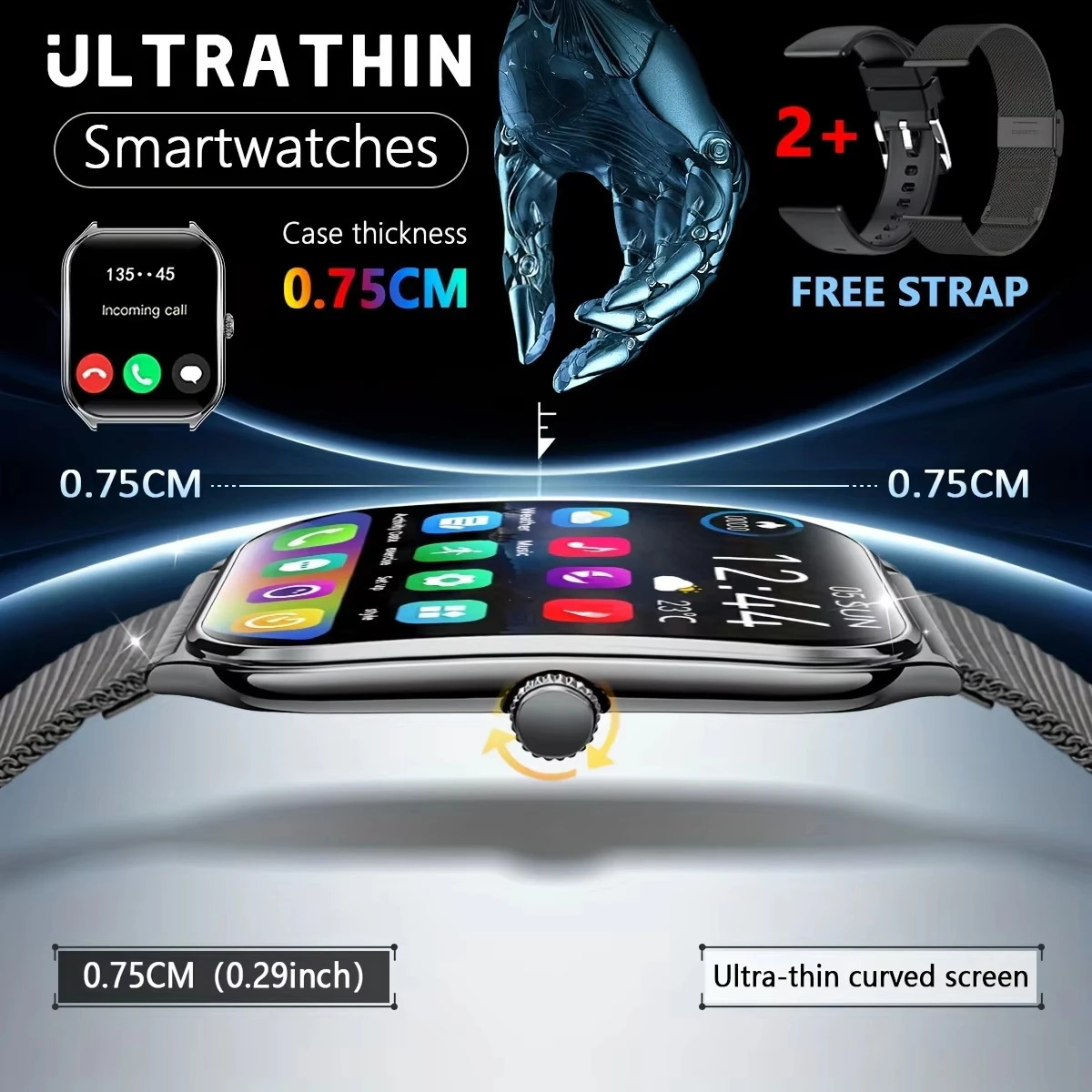 2025 New 7.5MM Ultra Thin Smart Watch Men 1.96″AMOLED Screen Always Show Time