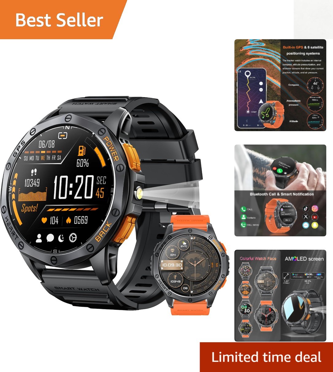 Rugged Military Smartwatch – GPS, 170+ Sports Modes & Flashlight – 1.43″ AMOLED