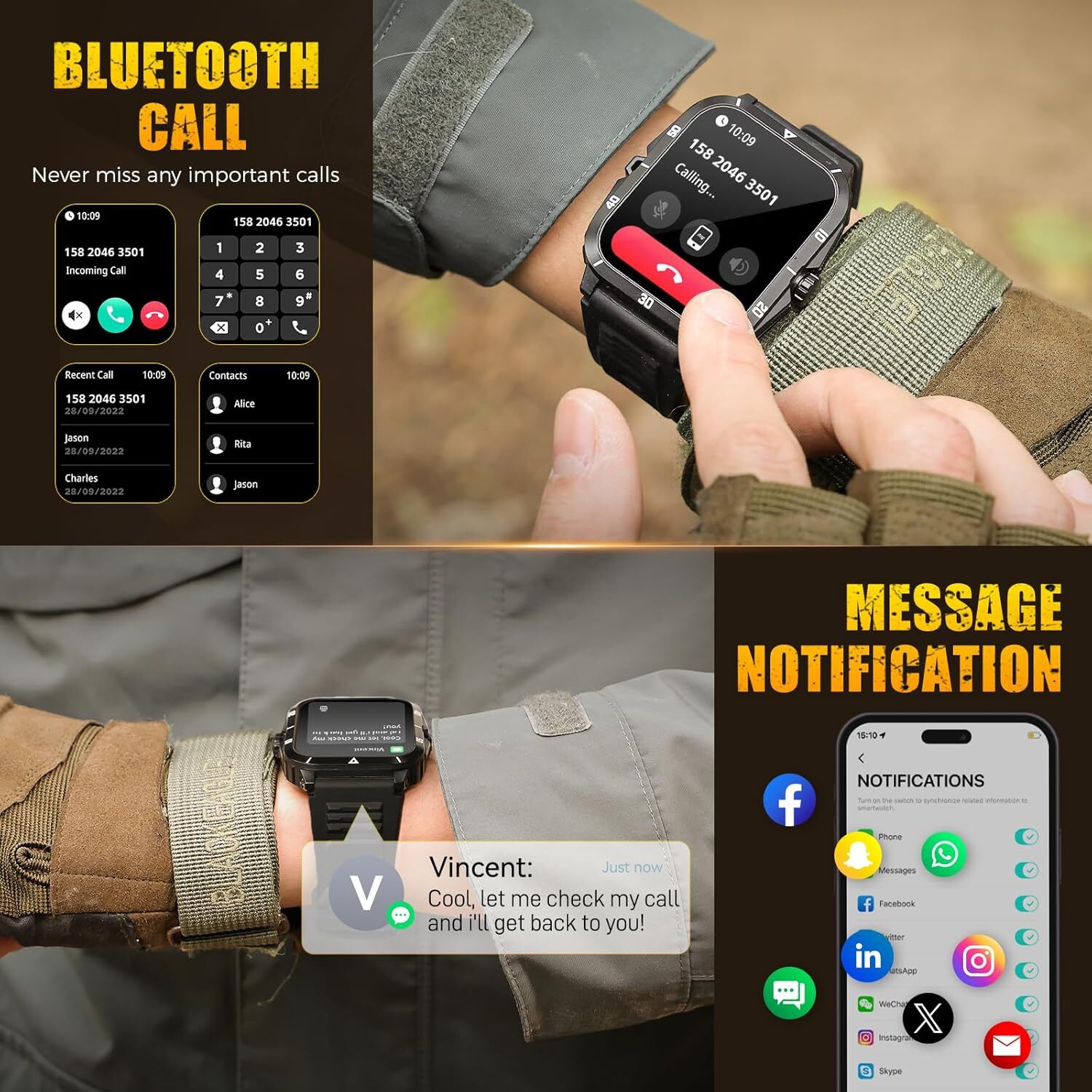 Military Smart Watch Men’s (Call Receive/Dial) Rugged Tactical Fitness Tracker