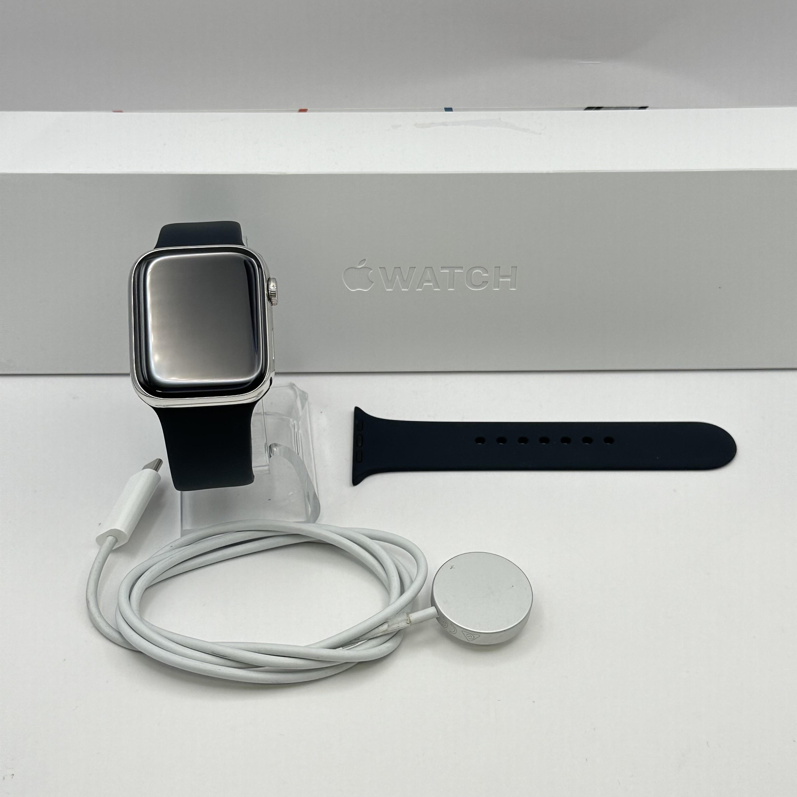 Apple Watch (Series 7) 45mm Silver Stainless w/ Midnight Sport (LTE) – Excellent