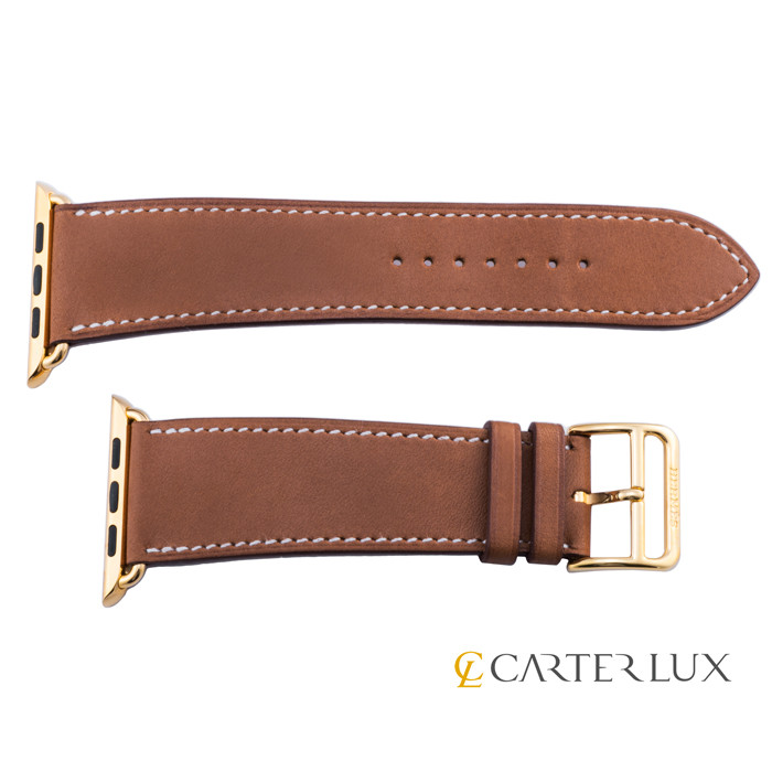 24K Gold Plated Series 9 HERMES Apple Watch 45mm Fauve Single Tour Brown Leather