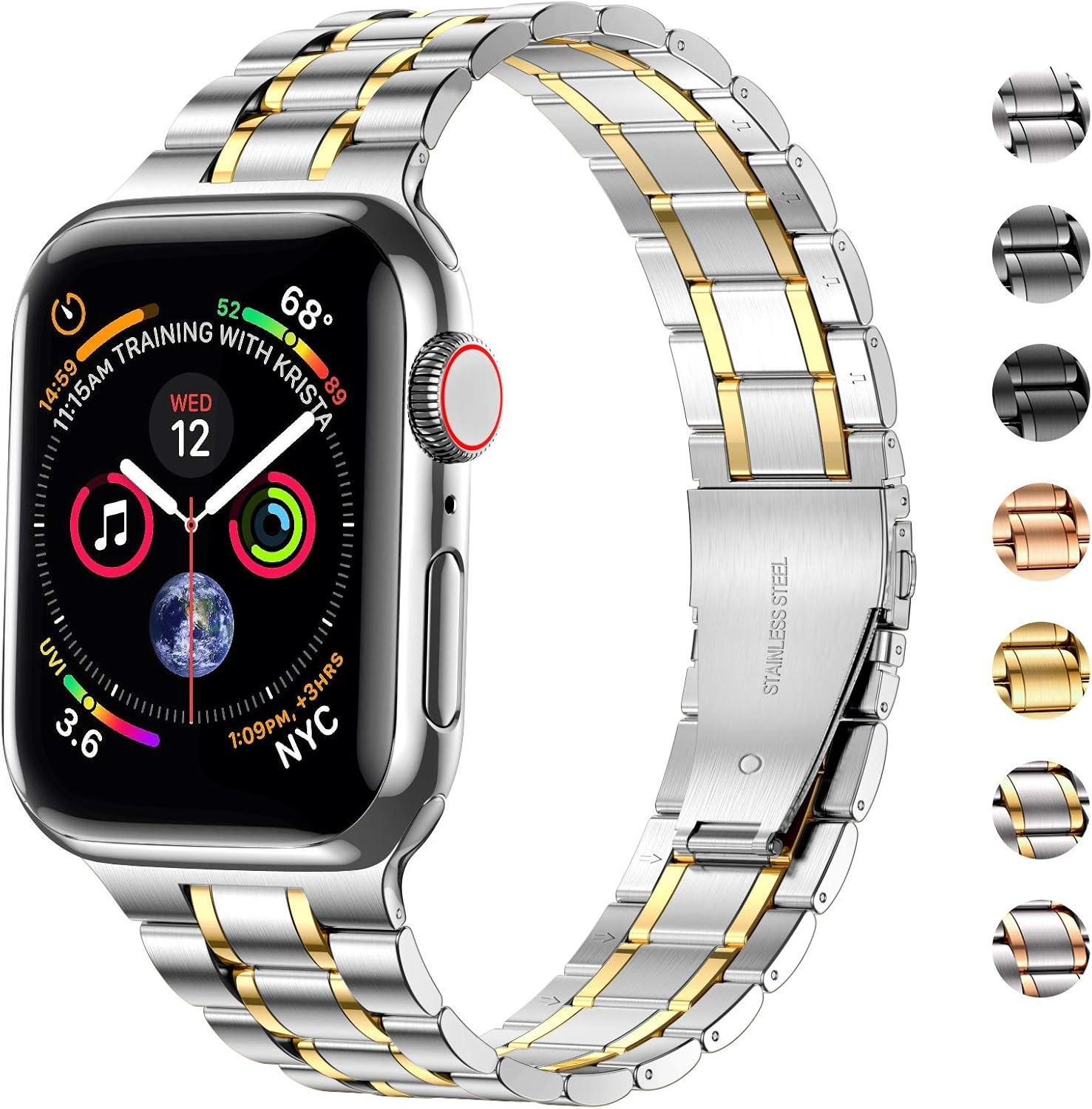 Solid Stainless Steel Strap Compatible with Apple Watch 46mm, Silver/Gold