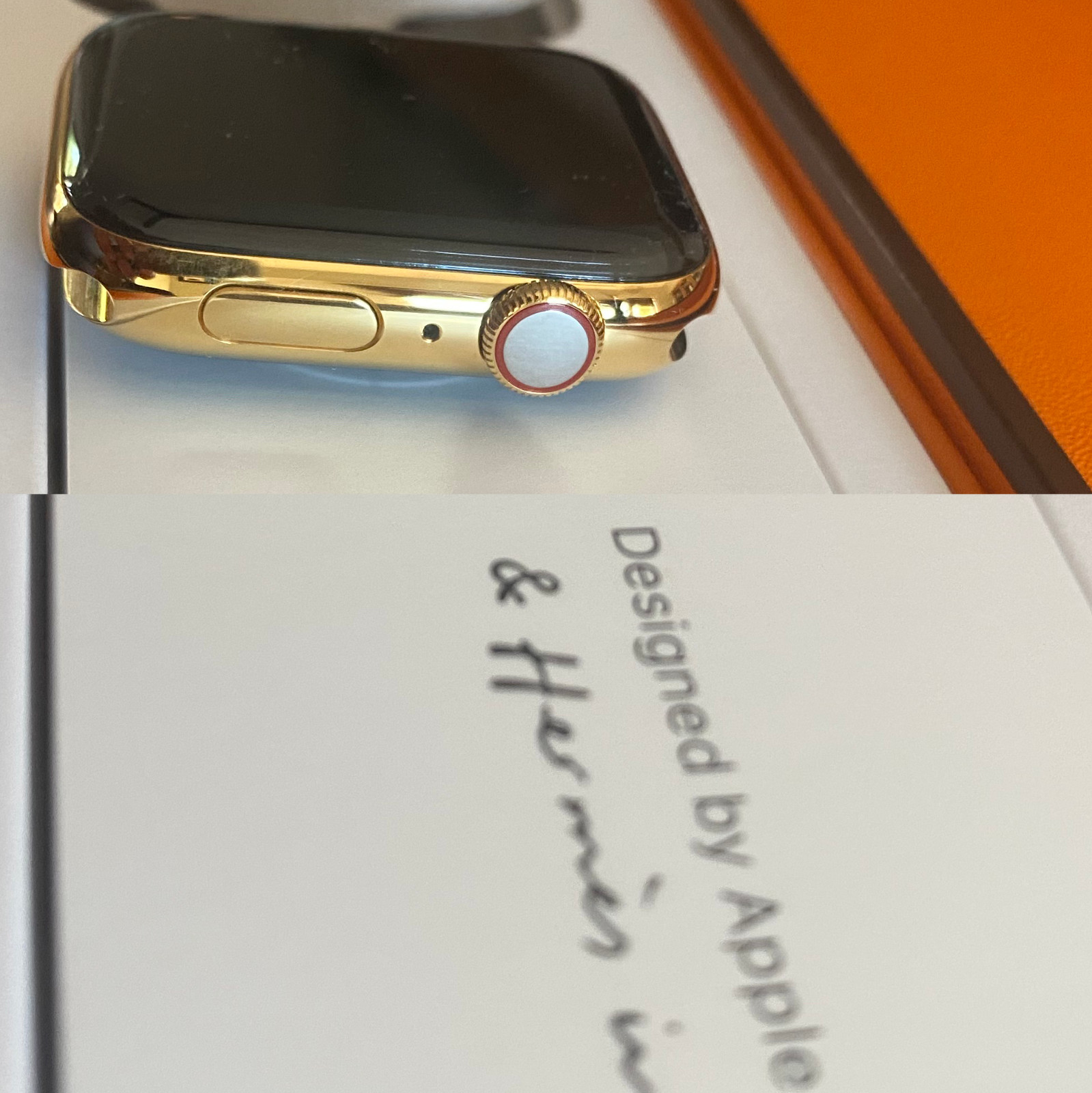 Hermes Apple Watch SERIES 7 with Orange Feu Deployment 24k Gold Plated 45mm band